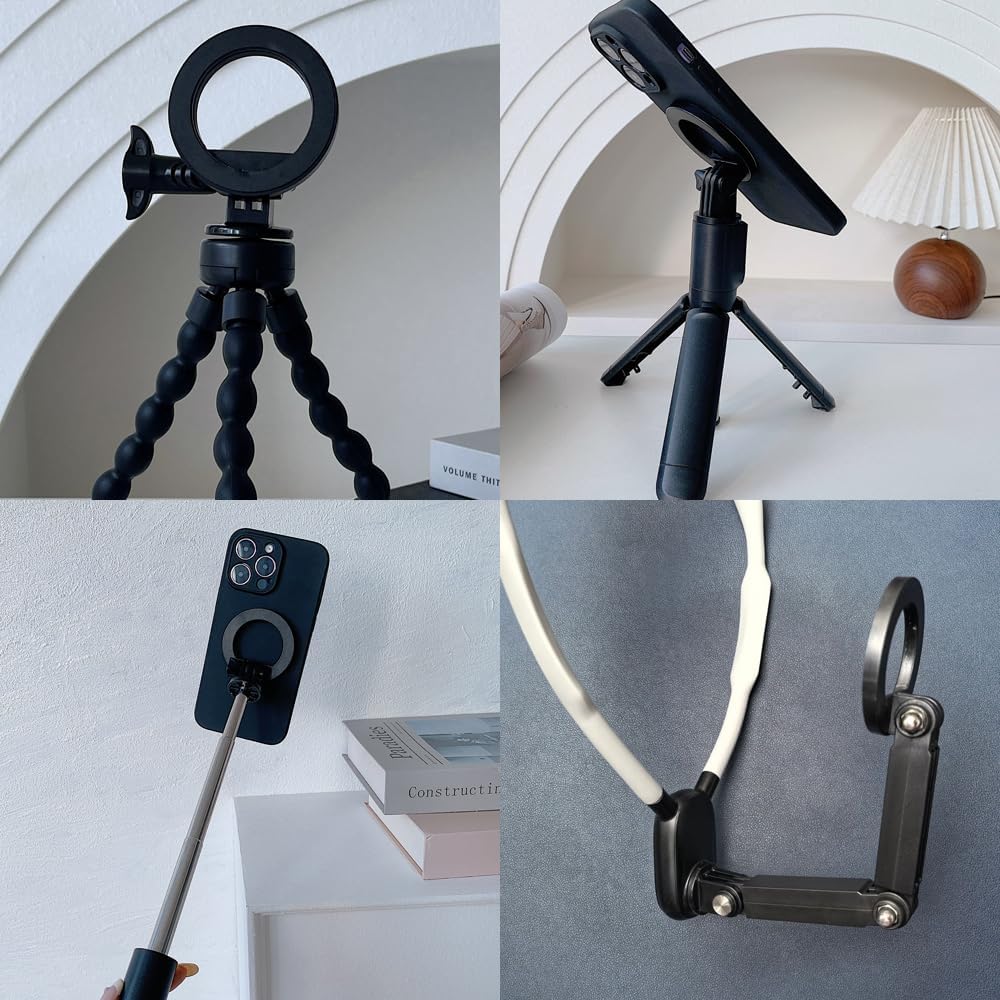 Magnetic Tripod Phone Holder Mount Adapter for MagSafe iPhone Gopro Jaws Flex Clamp Mount Action Camera Tripod Wrist Strap Mounts Selfie Stick Chest Mount Harness Backpack Mounting Clip