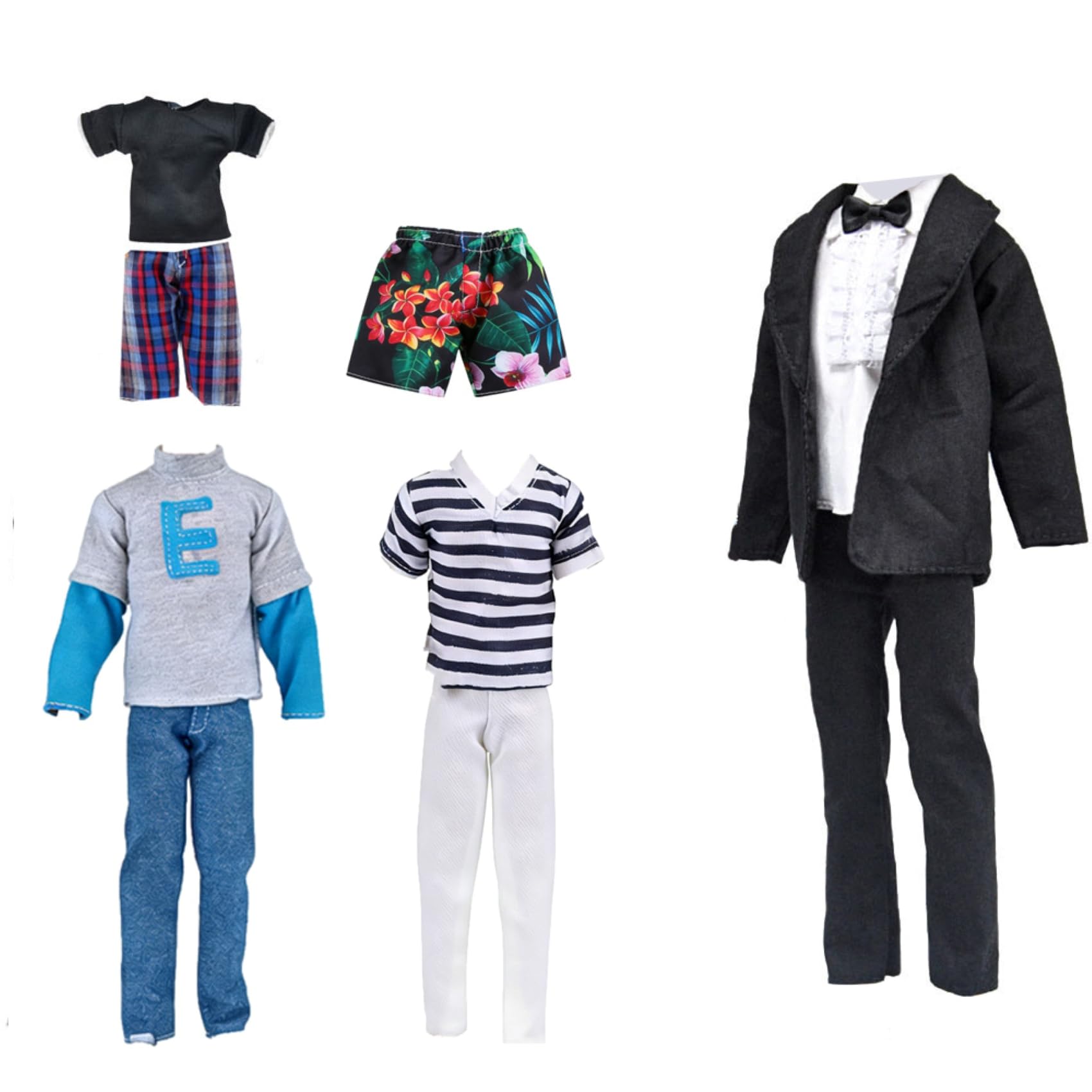 E-TING Lot 10 Items = 5 Sets Fashion Casual Wear Clothes/Outfit with 5 Pair Shoes for boy Doll Random Style (Casual Wear Clothes + Black Suit + Swimwear)(DOLL NOT INCLUDE)