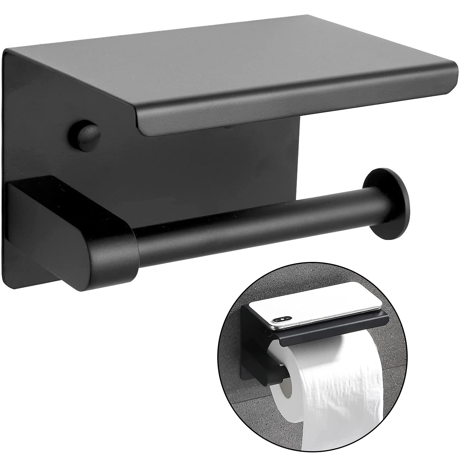 HGomx Toilet Paper Holder with Mobile Phone Storage Shelf Stainless Steel Bathroom Accessories Tissue Roll Dispenser Storage-Black