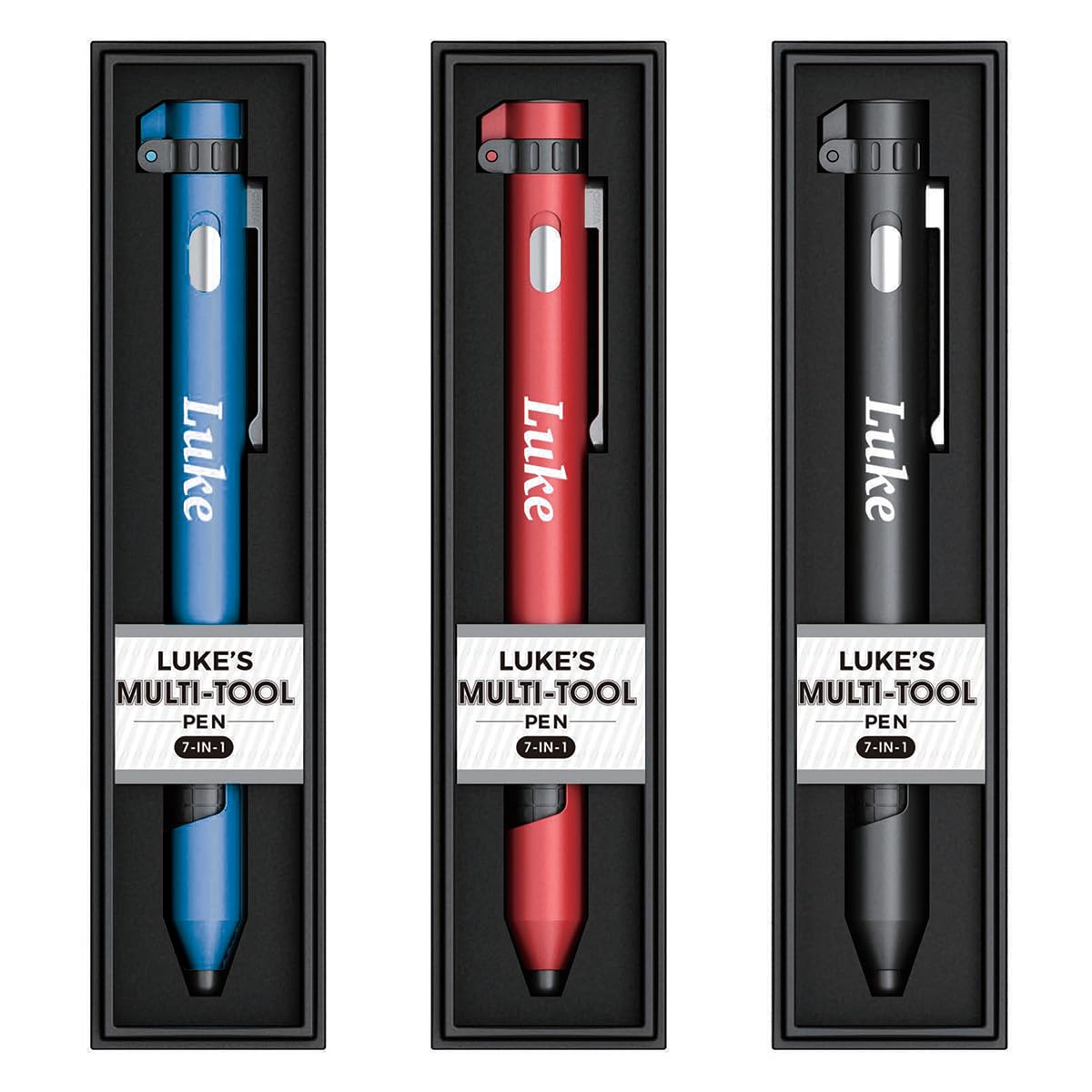 Jrose Collections Red/Blue/Black Luke Named Personalised Multi-Tool Pen, 7-In-1 With Torch, Phone Holder, Stylus, Compass, And Screwdriver Set - Assorted Colours (, Black) - Ink