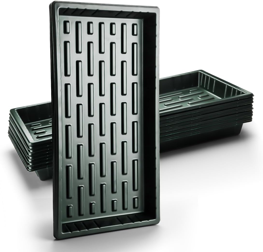 RooTrimmer 10 Pack Heavy Duty 1020 Trays No Holes - 1.6 Inch Deep Shallow Nursery Flats, Reusable Seed Starter Trays for 72/128 Cell Inserts, Microgreens, Seedling and Hydroponics (Dark Green)