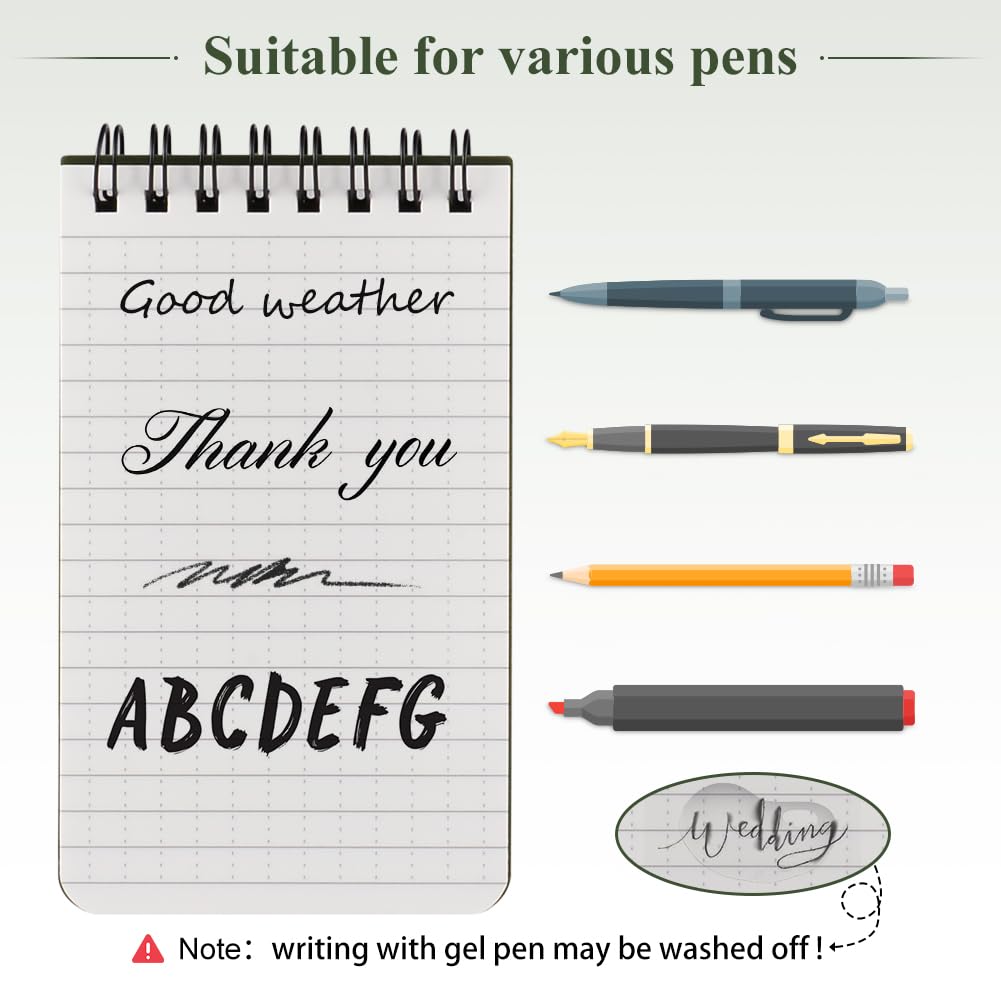 Carnets Étanches 5 Pièces 3 x 5 Pouces Bloc Note Spirale Mini Imperméables avec Stylo