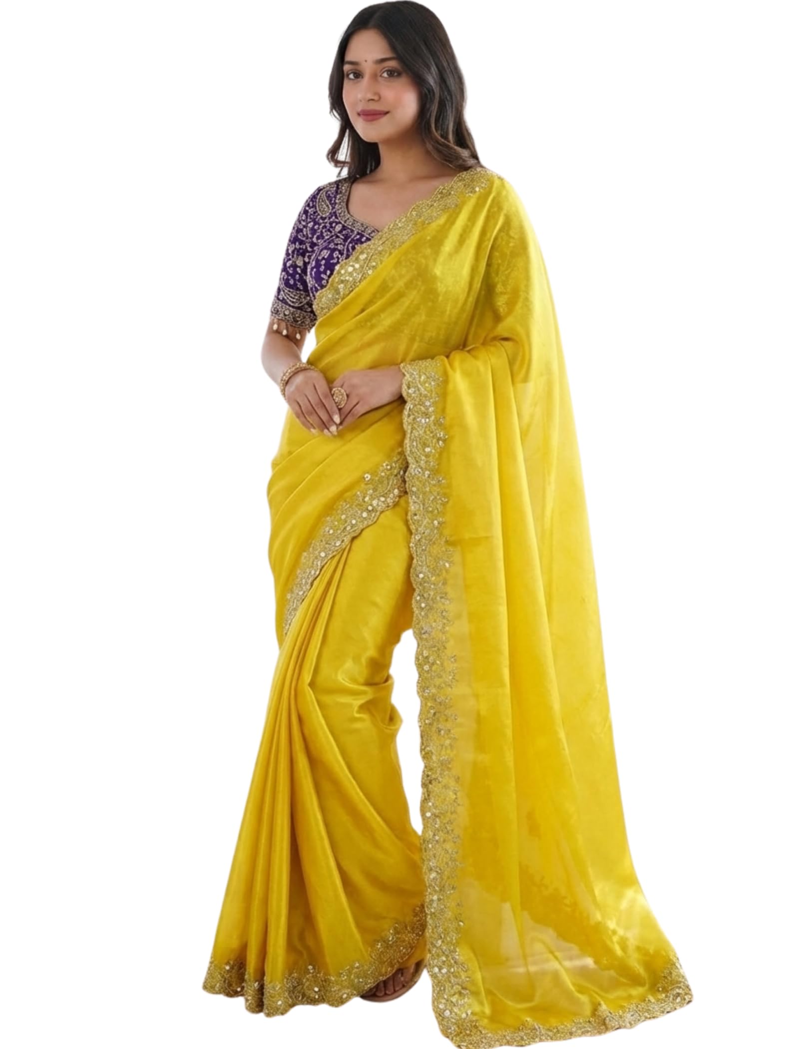 Women's Satin Ethnic Motifs Embroidered Satin Heavy Work Saree with Embroidered Stitched blouse | Modern Style Sari | Wedding Silk Saree | Elegant Sarees_Yellow-image-1