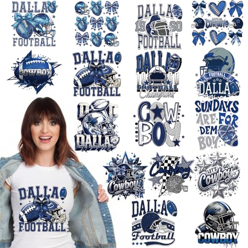 Dazoratix Blue Cowboy Iron on Patches - 16 Sheets Football Lover DTF Ready to Press Heat Transfers Stickers Vinyl Designs Decals for Boys T Shirts Clothes Hoodies Hats DIY Crafts Appliques Decorations