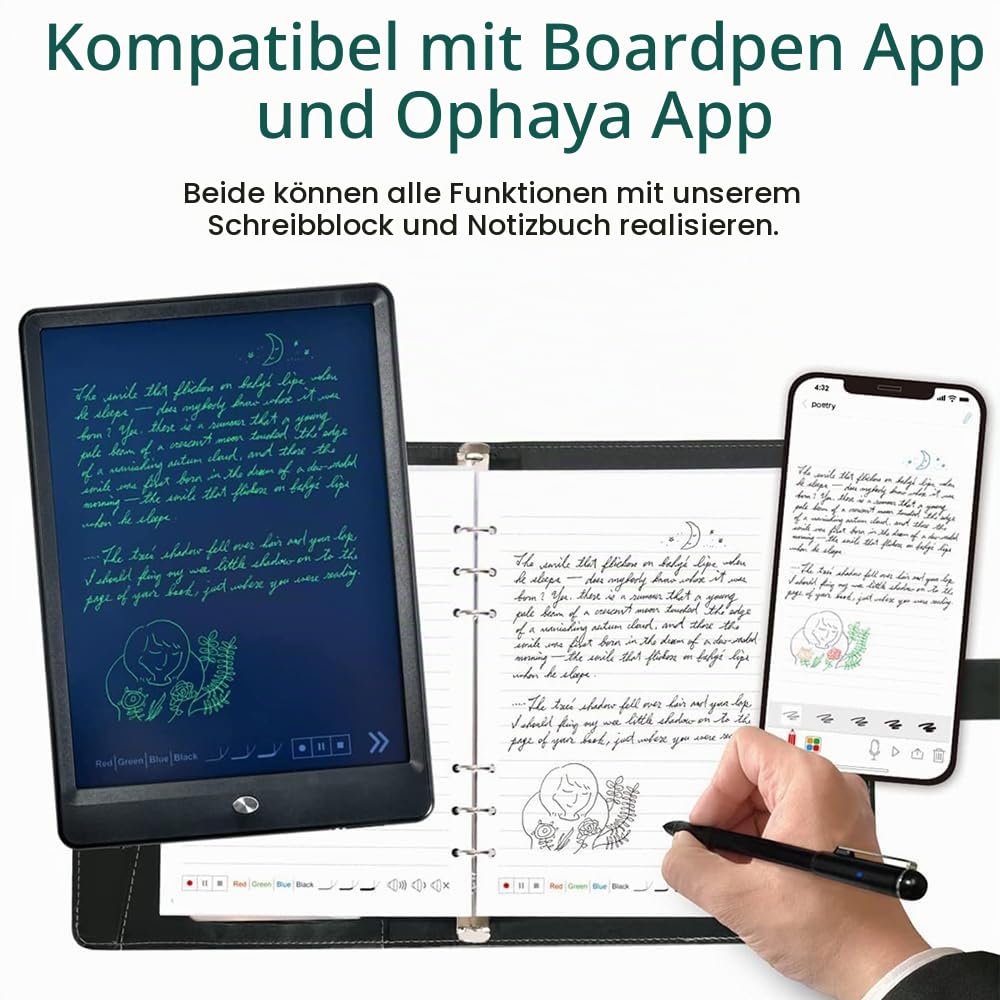 Bisofice Digitales Notizbuch A5 enthält Smartpen Smart Leder Notizbuch A5, wiederverwendbares Schreibtablett BT Wireless-Verbindung kompatibel mit Boardpen