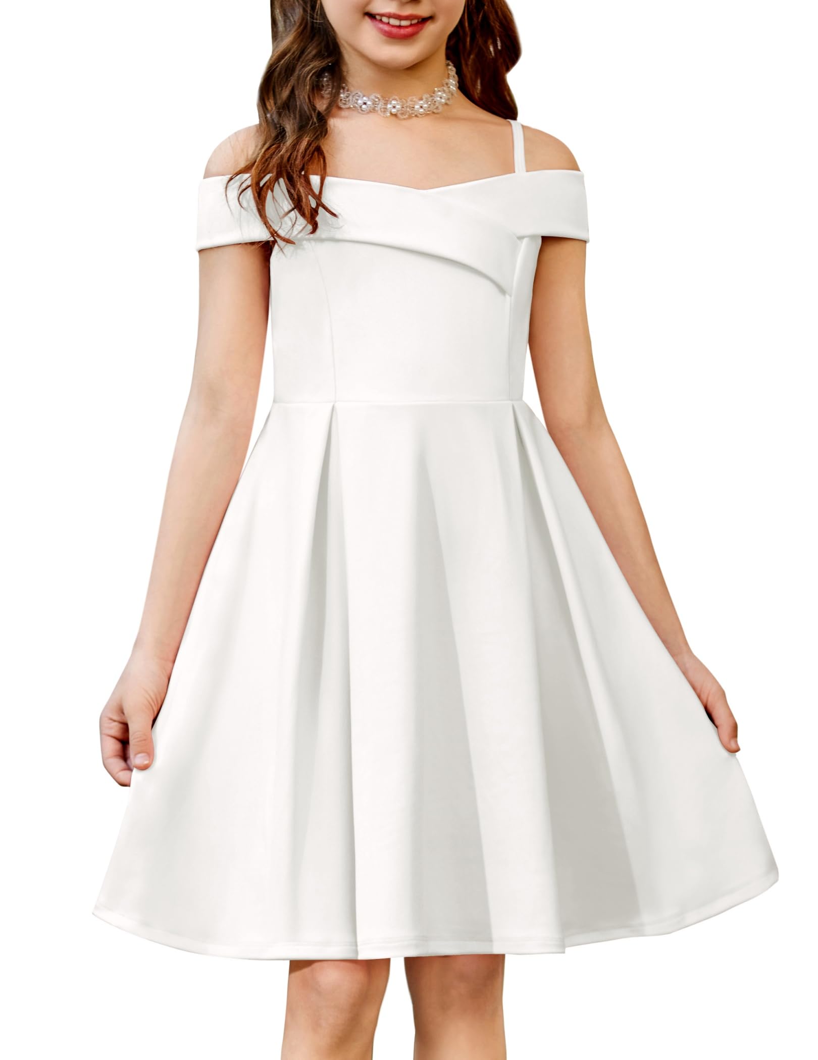Arshiner Girls Summer Dress Off Shoulder Fold Pleated Formal Elegant A-Line Party Dresses with Pocket — view 8