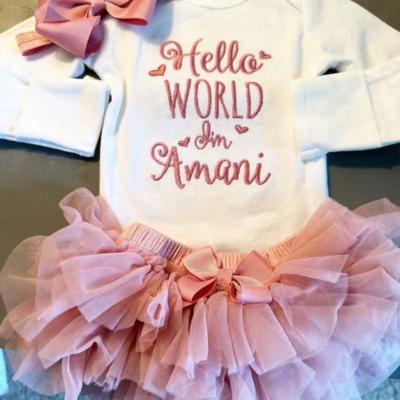 Personalized Baby Girl Coming Home Outfit Custom Baby Girl Tutu With Embroidery Name Newborn Baby Clothes Vintage Pink Dusty Rose Set(StyleC)3