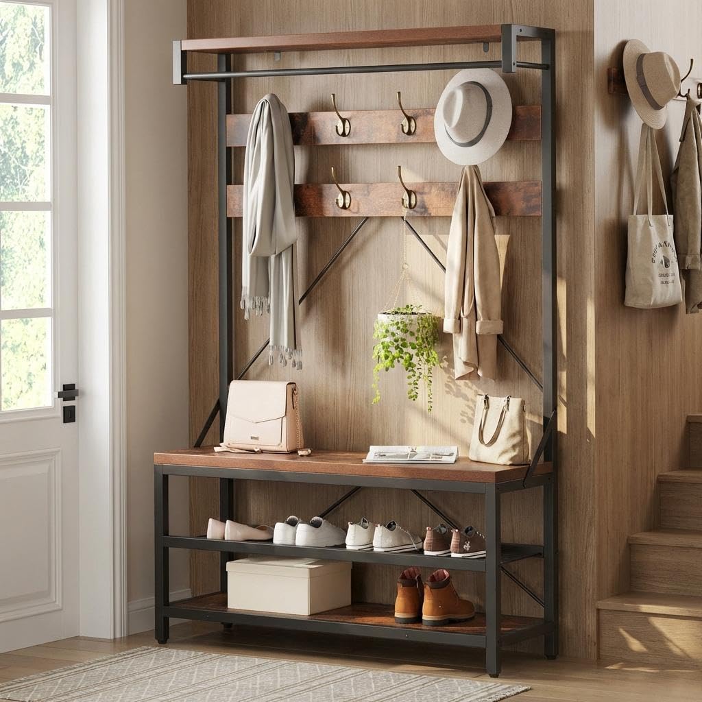 Perchero multifunción, mueble recibidor vintage con banco,ganchos