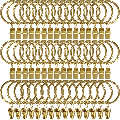 Image of LLPJS 60 Pack Metal Curtain Rings with Clips, Curtain Clip Rings Hooks for Hanging Drapery Drapes Bows, Curtain Rod Rings 1.5 inch Interior Diameter, Gold