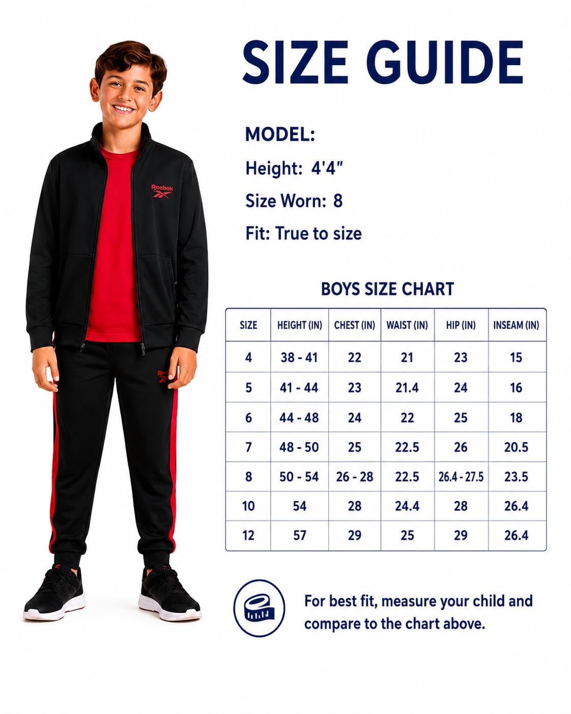Reebok Set da jogging per ragazzi, 3 pezzi, tuta sportiva con giacca, maglietta e pantaloni della tuta da jogging per ragazzi