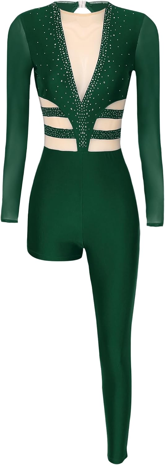 XUNZOO Womens Unique Asymmetrical Jumpsuit Figure Skating Gymnastics Leotard Rhinestone Keyhole Back Unitard Bodysuit