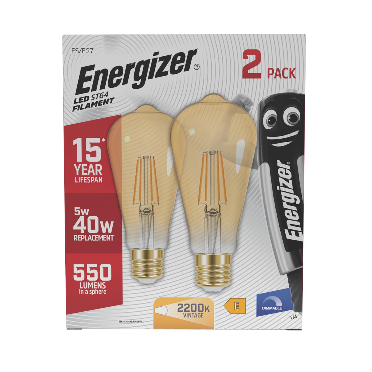 Energizer ST64 Gold Vintage LED Edison Bulbs, 2200K, E27 Base, Dimmable, Pack of 2