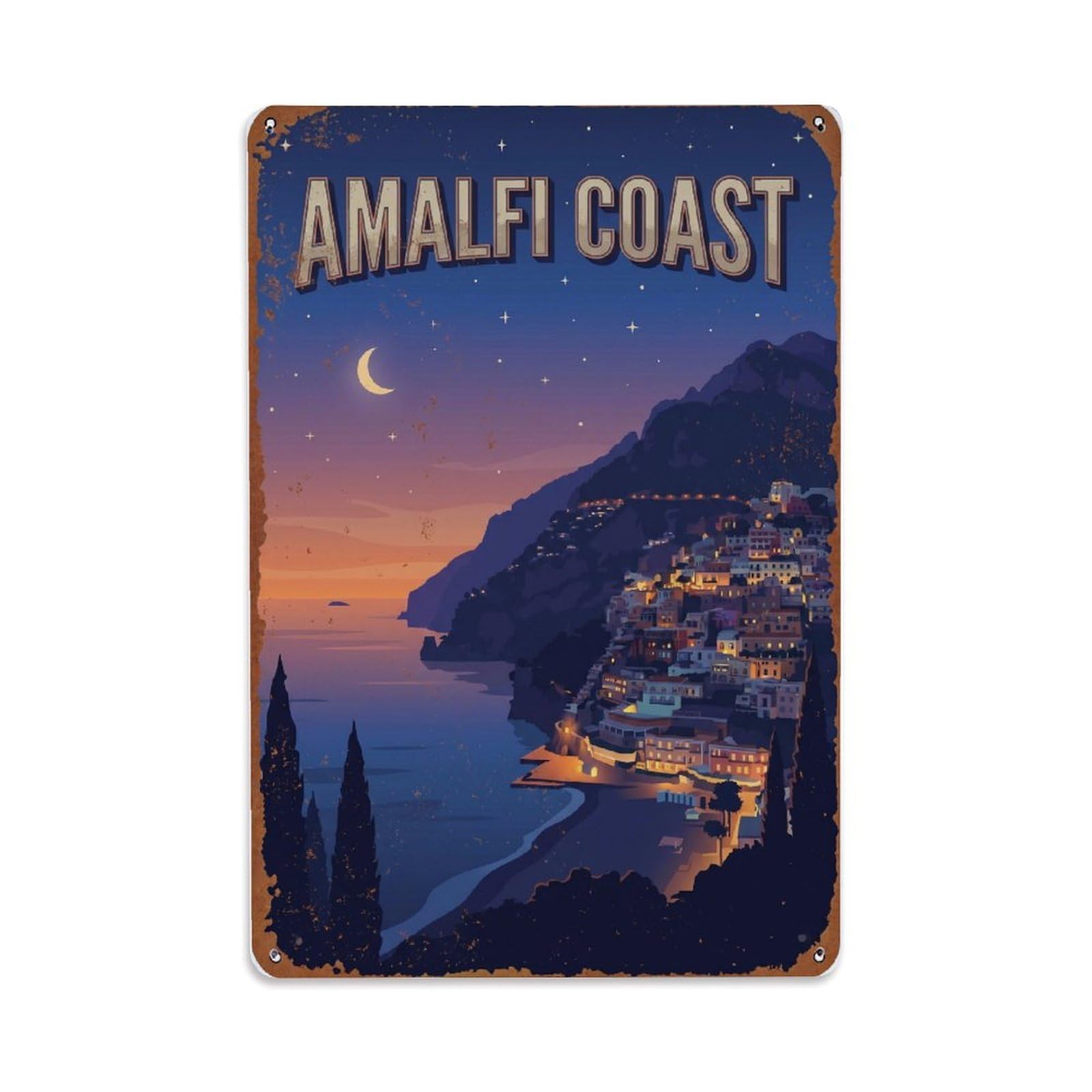 Vintage Travel Nightfall Italy Coastal Metal Tin Sign Plaque Wall Decor for Cafe, Club Bar, Office, Home Garden Metal Poster 8x12Inch