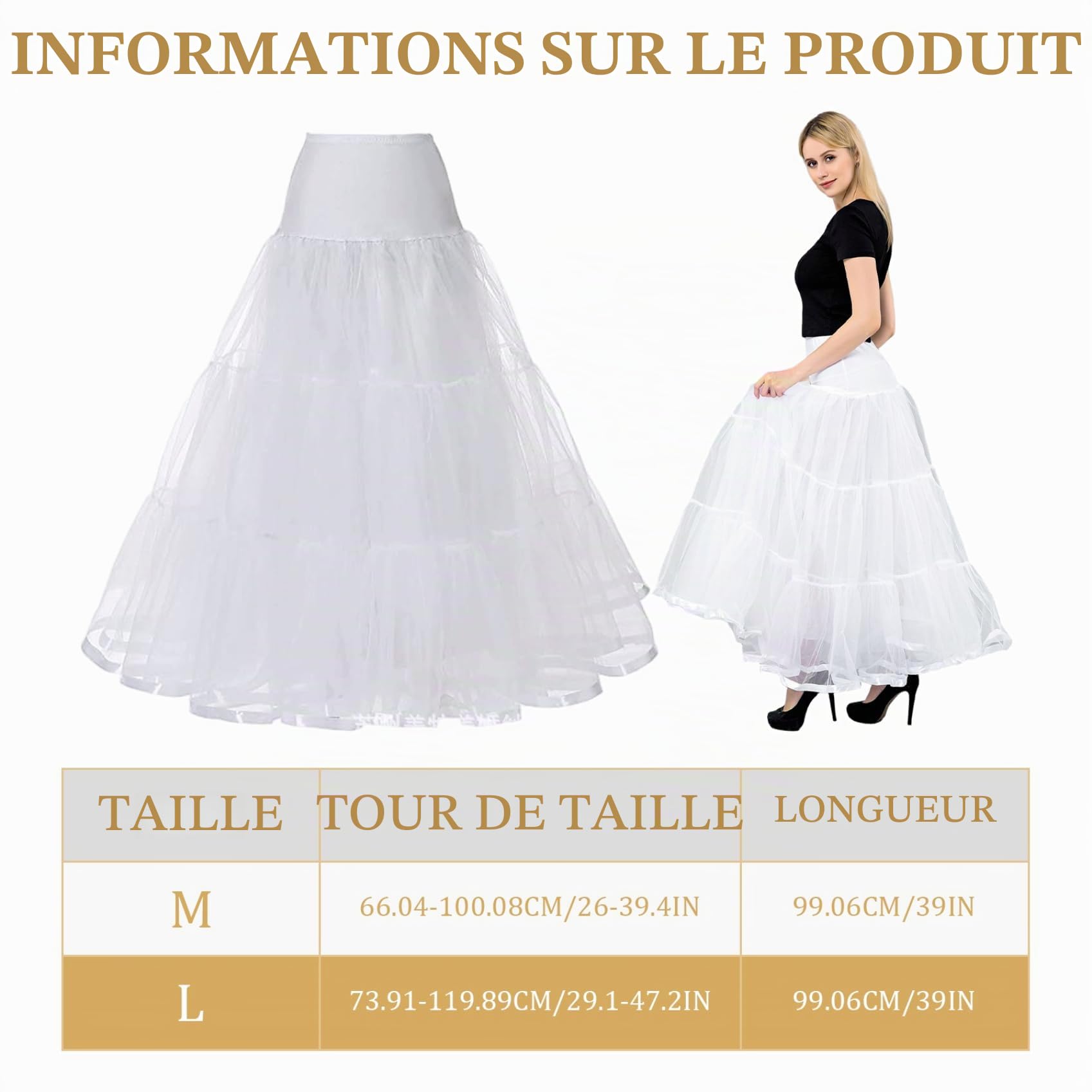 Jupon blanc en tulle longueur cheville jupon en crinoline respirant pour robe de soirée ou de mariage taille L
