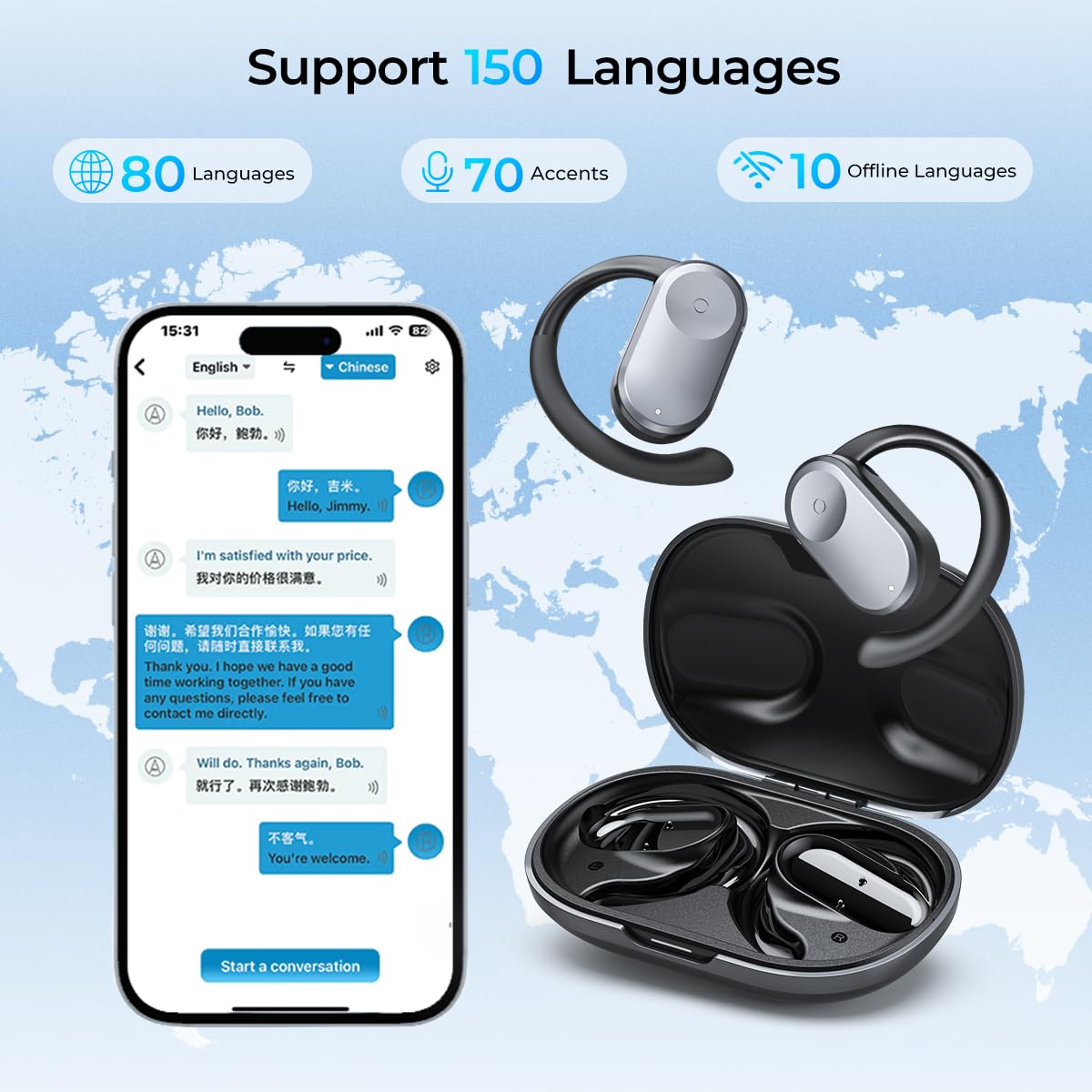 kentfaith AI Écouteur Traducteur Instantané 150 Langues, 4-en-1 Traducteur Vocal Instantané, Traduction Hors Ligne, 30H Oreillettes Traductrices pour Voyage, Affaires, Études - Noir