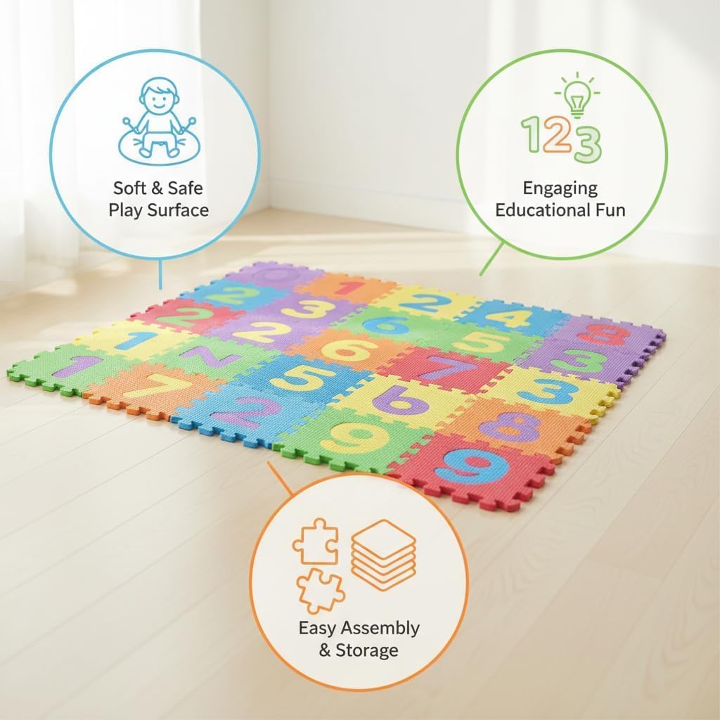 Eva Children's Rug – 10 Pieces with Numbers and No Edges | Soft Puzzle Mats, Non-Slip, CE Certified (10 Pieces, Numbers)