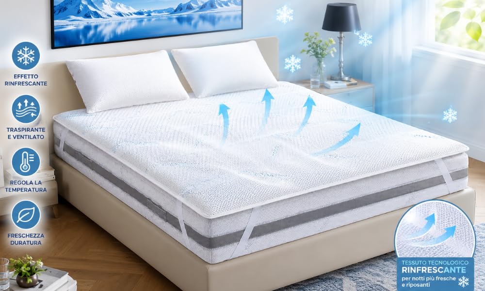 Topper Materasso Coprimaterasso effetto RINFRESCANTE in Microfibra Correttore Materasso Termoregolatore Refrigerante Matrimoniale 2 Piazze 160x200 cm Mod. Thermo Solution