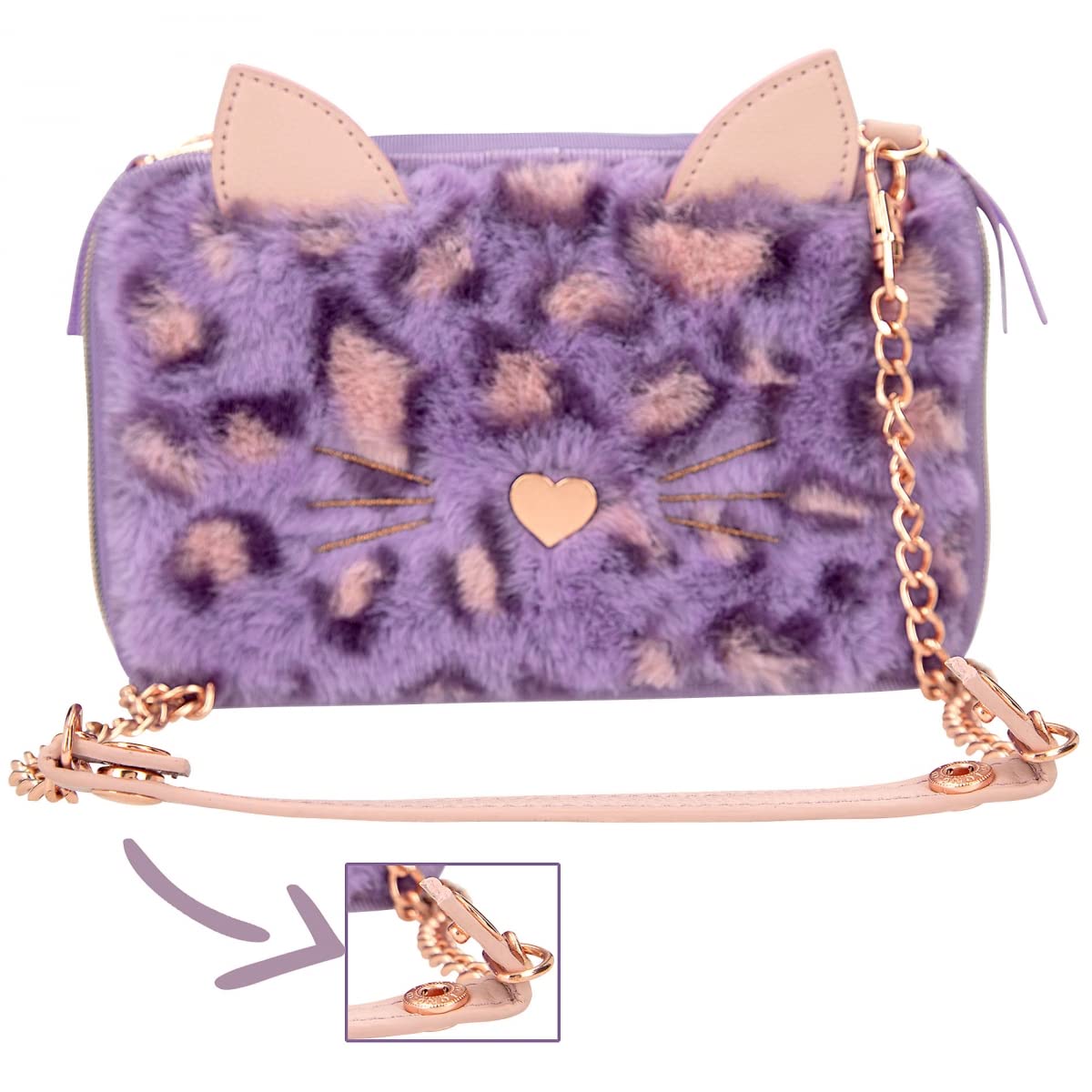 Depesche 12149 TOPModel Lilac Leo Love - Gefüllte 2-Fach Federtasche zum Umhängen, mit Plüsch in Lila, Leo-Print und Ohren, Federmäppchen mit Buntstiften, Lineal, Schere uvm.