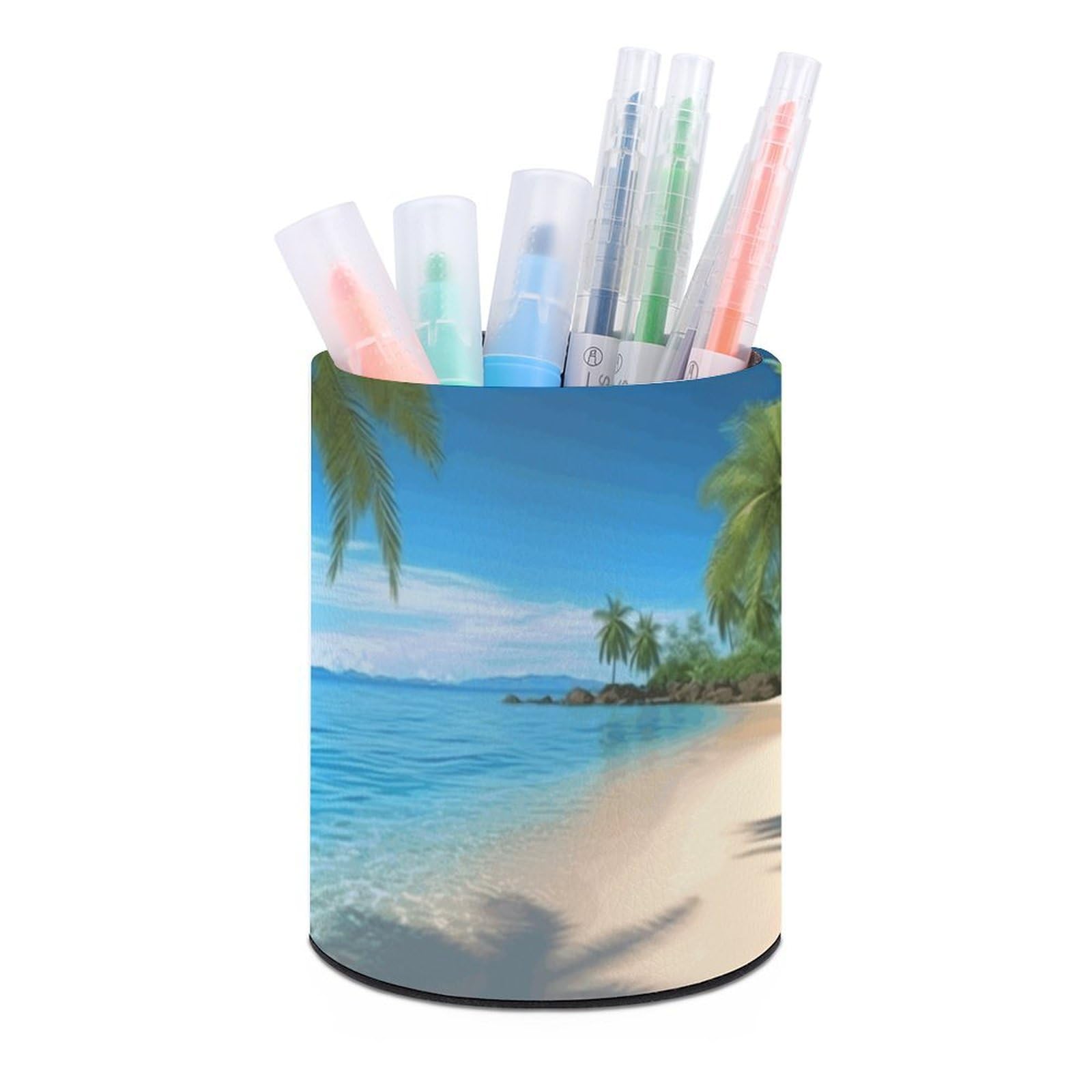 VstaDank Hawaiian Beach with Palm Trees Pen Holder PU Leather Pencil Cup Minimalist Desk Pencil Holder Round Make Up Brush Organizers For Office Dorm Room&Vanity Desk Accessories