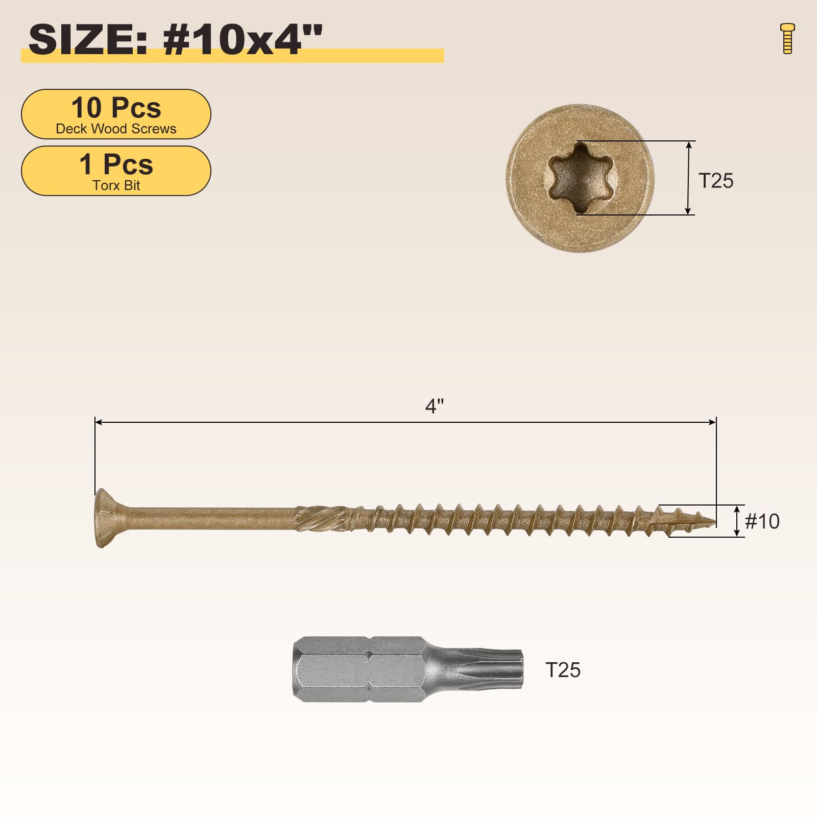 METALLIXITY Deck Screws (#10x4") 10Pcs, Carbon Steel Wood Screw Decking Screws Epoxy Coated with T25 Torx Drive Head - Image 2