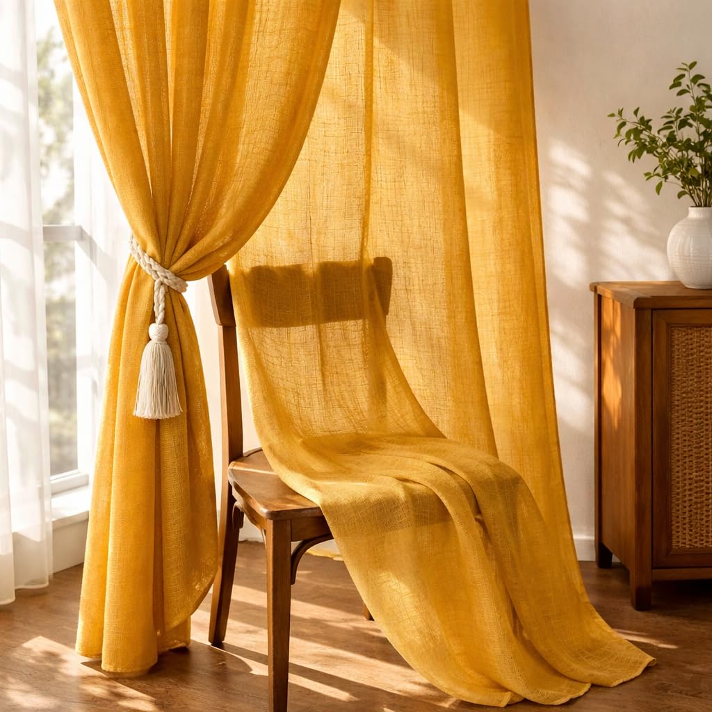THE LINEN COMPANY Cotton Linen Extra Long Sheer Door Curtains, Breathable Semi Transparent Drapes with Rod Pocket, Soft Light Filtering Privacy Curtain for Home Decor, Mustard, 9 Feet, Pack of 2