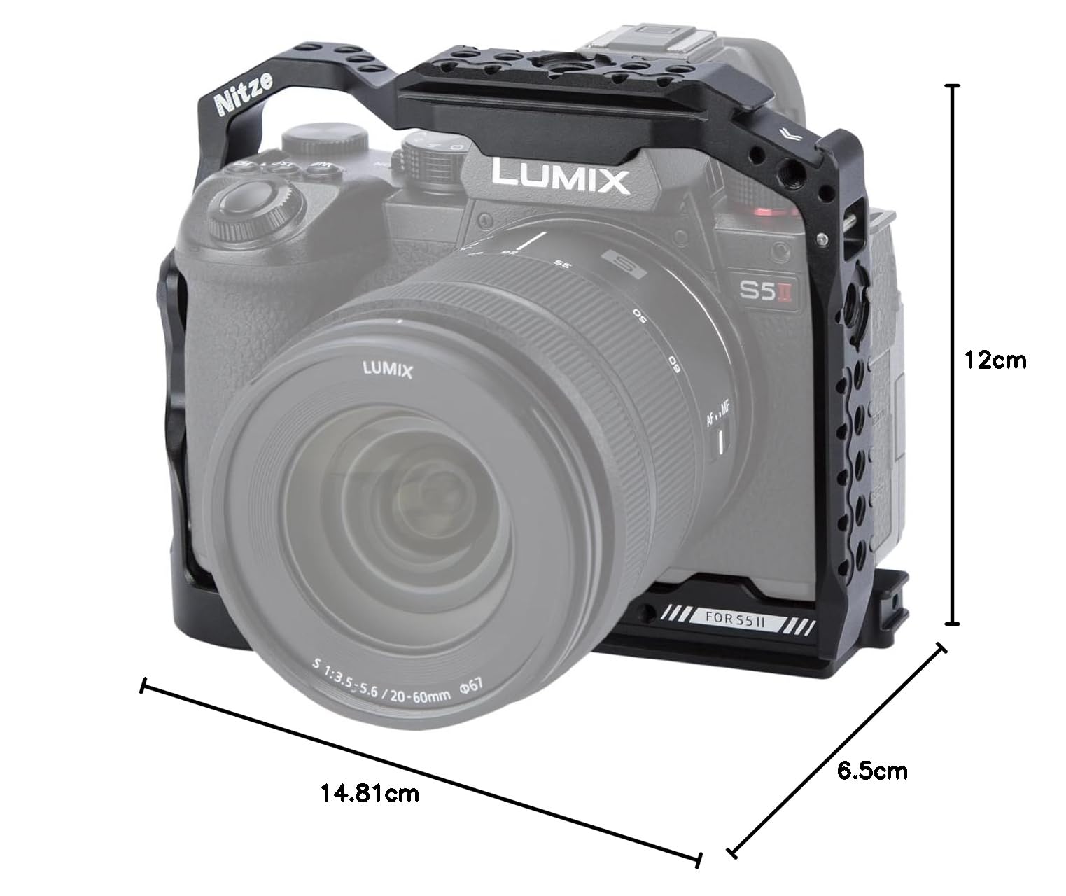 Nitze Cage pour Panasonic LUMIX S5 II/ S5 II X Caméra, avec NATO Rails Supérieurs et Latéraux Intégrés, Cold Shoe et Plaque de Dégagement Rapide Arca Swiss - T-P05A