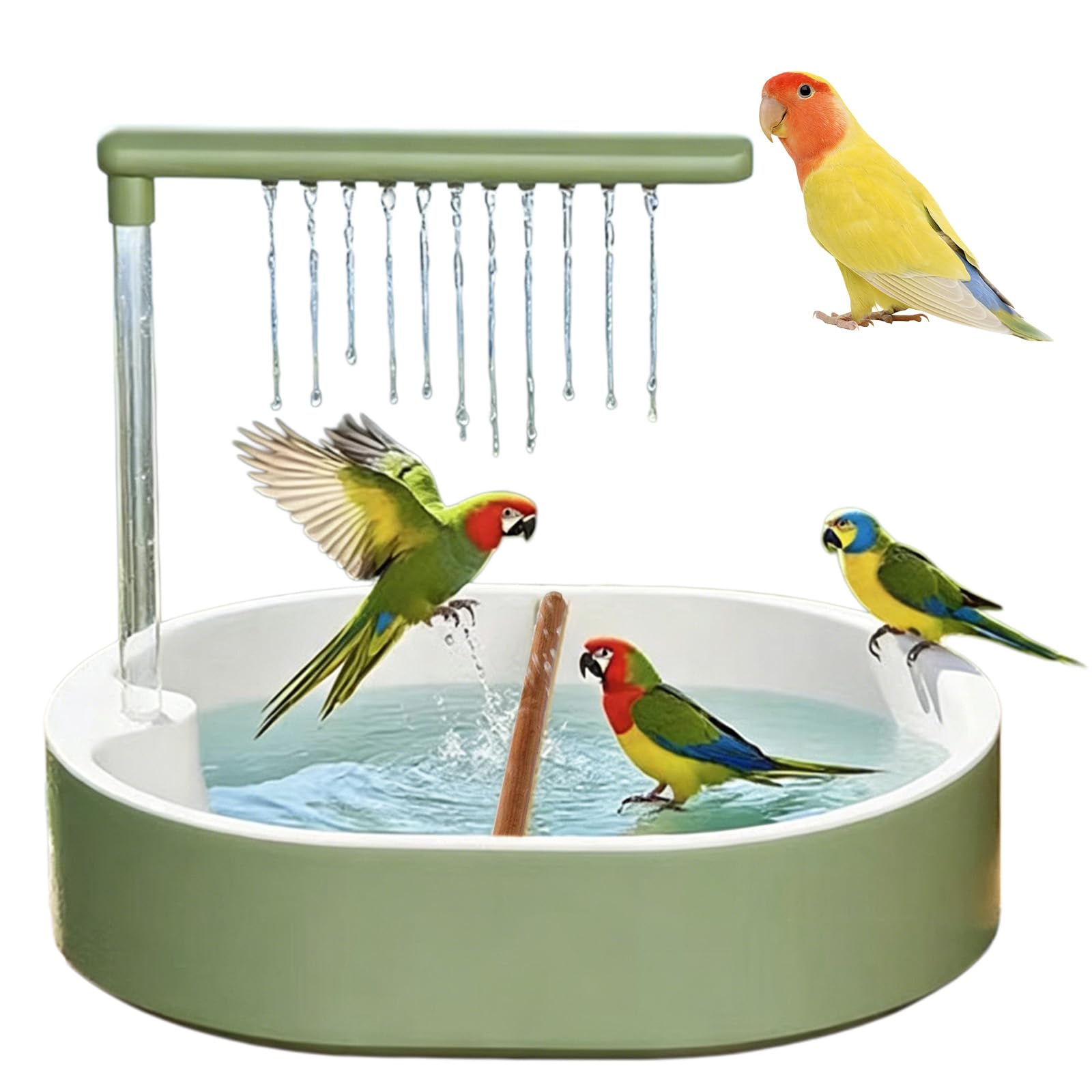 Vogelbadewanne, Automatische Wasserzirkulation USB-Betrieben 5V, 32x26cm Großes Becken mit 26 Wasserauslässen, Spritzschutz & Drehbare Sitzstange für Wellensittiche Nymphensittiche (Grün)