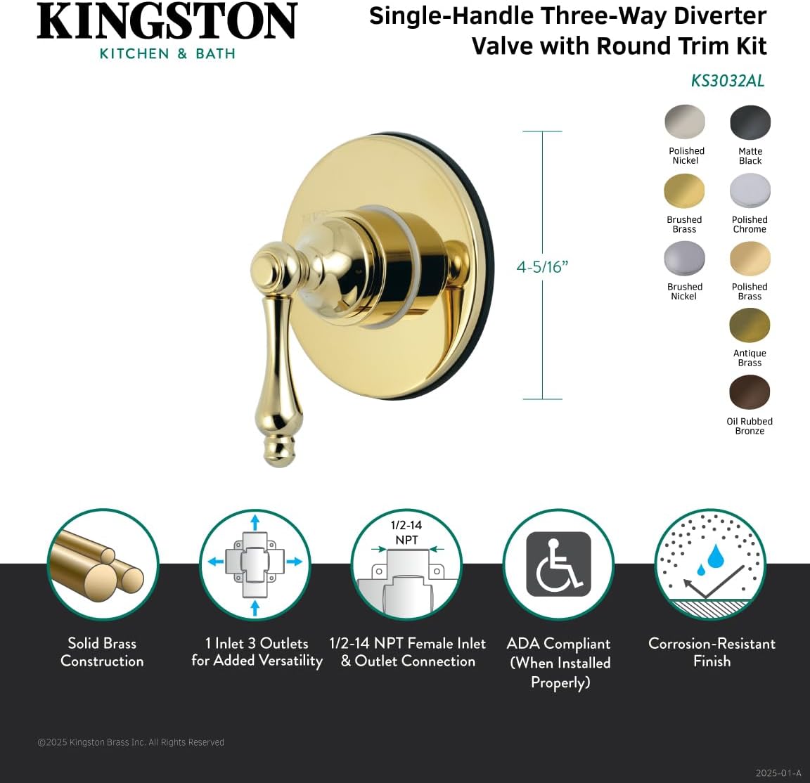 Kingston Brass KS3037AL 3-Way Diverter Valve with Trim Kit, Brushed Brass