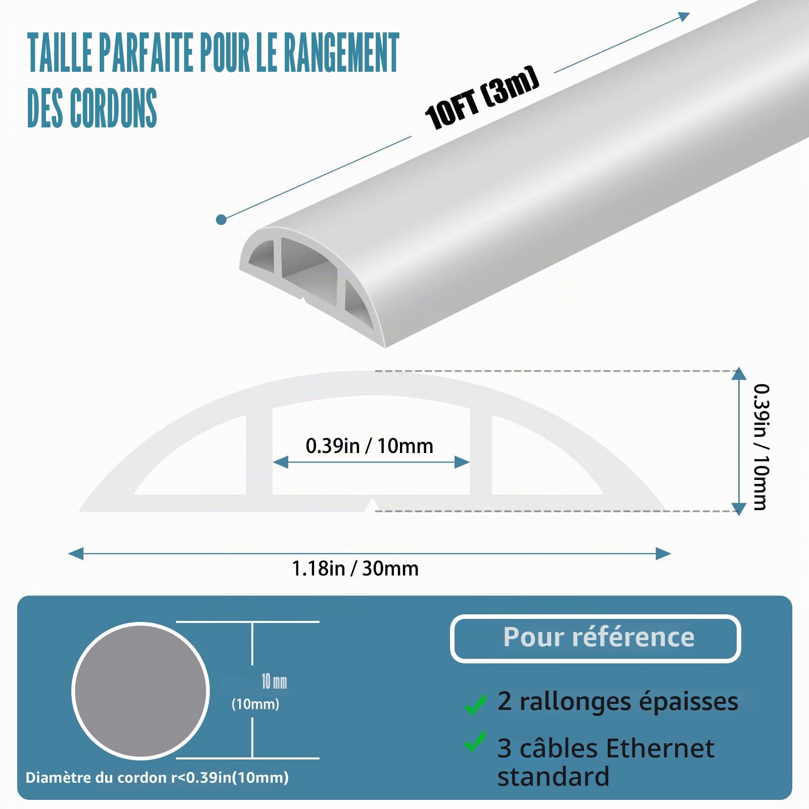 Passe-câbles autocollant 3 m PVC flexible Protection câbles Prévention trébuchements Blanc