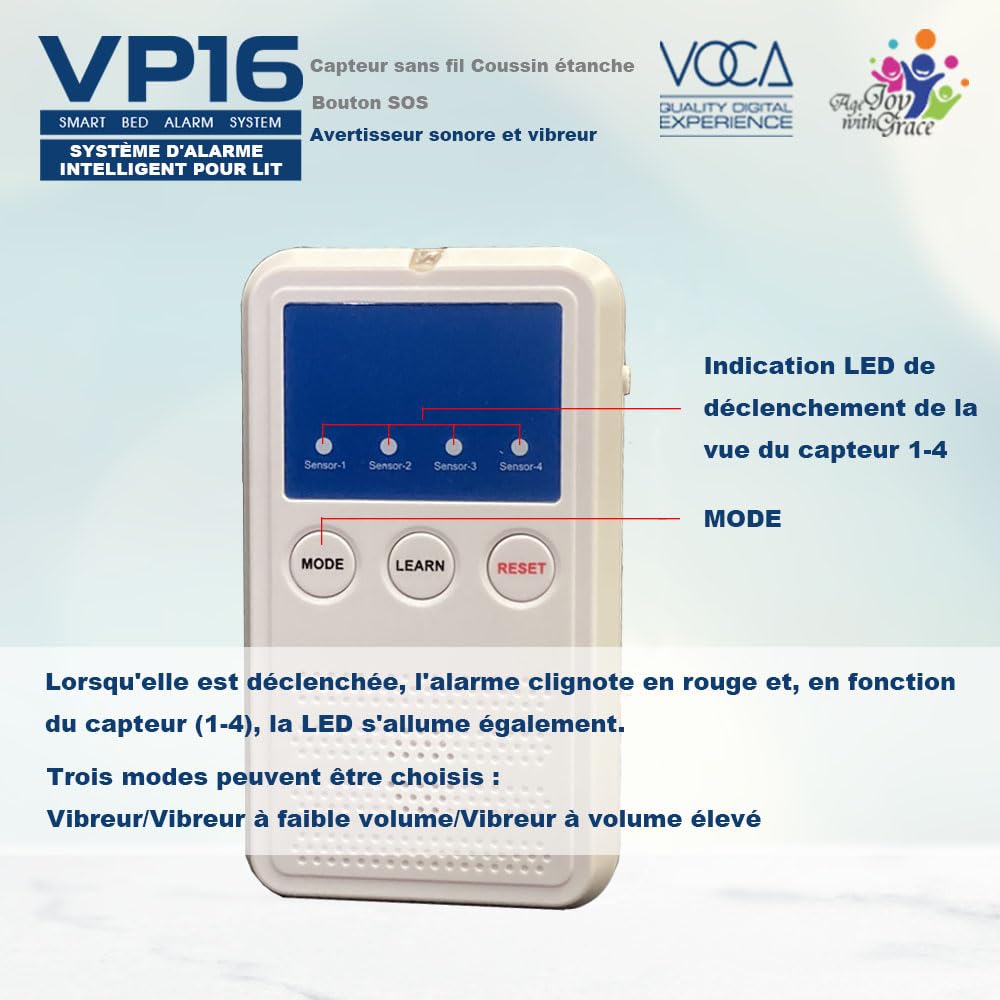 Alarme de lit VOCA VP16 sous matelas pour personnes âgées, tapis de détection sans fil avec alerte précoce et téléavertisseur, alarme de sécurité pour lit, prévention des chutes, pour personnes âgées