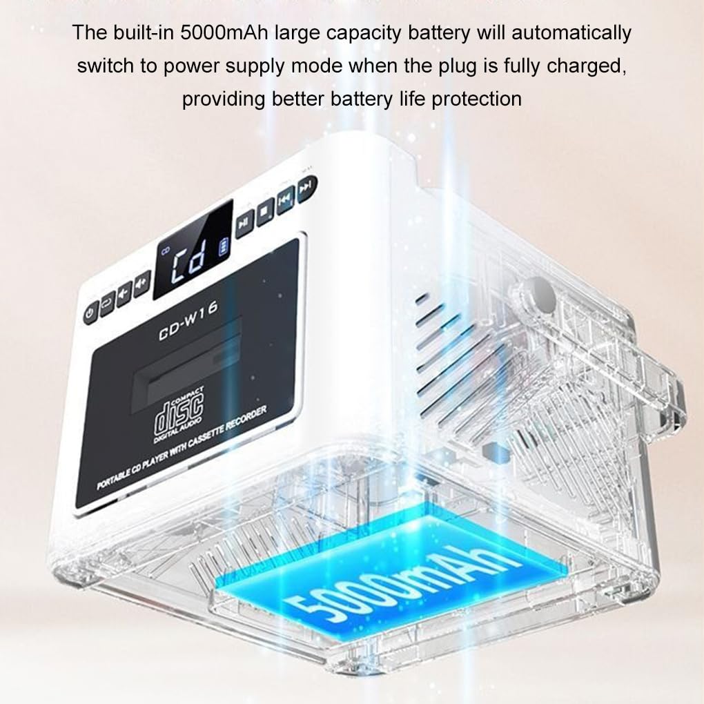 Lettore CD con altoparlante Bluetooth bidirezionale, suono HIFI, schede TF, modalità unità USB, batteria a lunga durata, ABS, bianco, Ha la funzione nastro