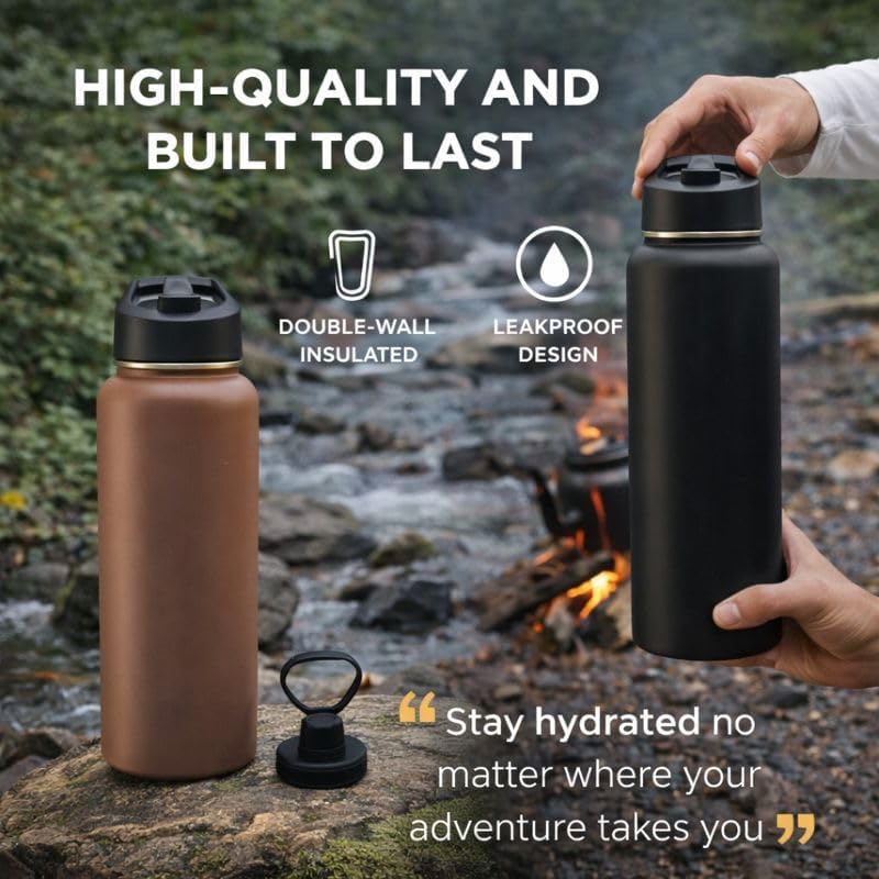 32oz Stainless Steel Water Bottle for Hot & Cold Drinks with Straw and Lock Lid – Wide Mouth, Double Wall Vacuum Insulated, Leak-Proof & Reusable – Ideal for Travel, Gym, Sports, and Bicycling - Image 3