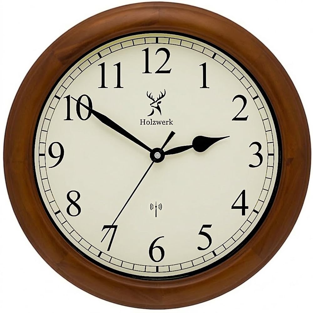 Holzwerk TRIBERG (Funk) 35cm Natur Vintage Retro Holz Funk Wanduhr Glas Holz-Uhr Funkwanduhr Funkuhr nahezu lautloses Uhrwerk Massivholz 14 Zoll Braun Weiß große Ziffern (Hwn.braun.weiß)