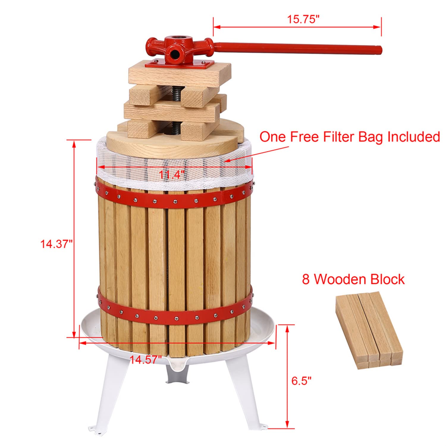 4.8Gal/18L Fruit Wine Press, Cast Iron Manual Grape Presser for Wine Making, 100% Nature Wood Basket with 8 Blocks Heavy Duty Manual Juice Cider Wine Making Press for Kitchen Home Outdoor, Oak