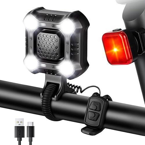 WSDCAM Bocina de bicicleta de 140 dB con luz delantera y trasera, interruptor de control de campana de bicicleta 2 en 1, luz LED, recargable a