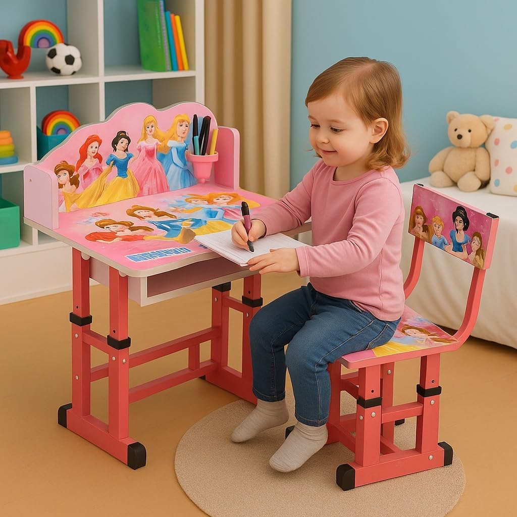 LADDOO Kids Study Table and Chair Set with Adjustable Height, Storage Shelf, Durable Wooden Desk for Home Learning, Writing, Drawing & Study | Cartoon Princess Theme for Girls (Pink)-image-36