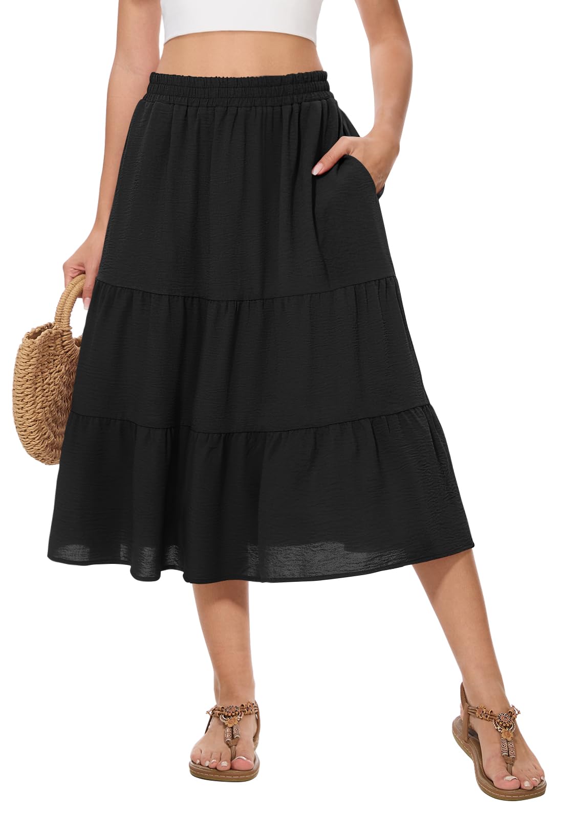 AYIFU Women's Summer Midi Skirt Tiered Flowy High Waist A-Line Elastic Ruffle Casual Skirts with Pockets