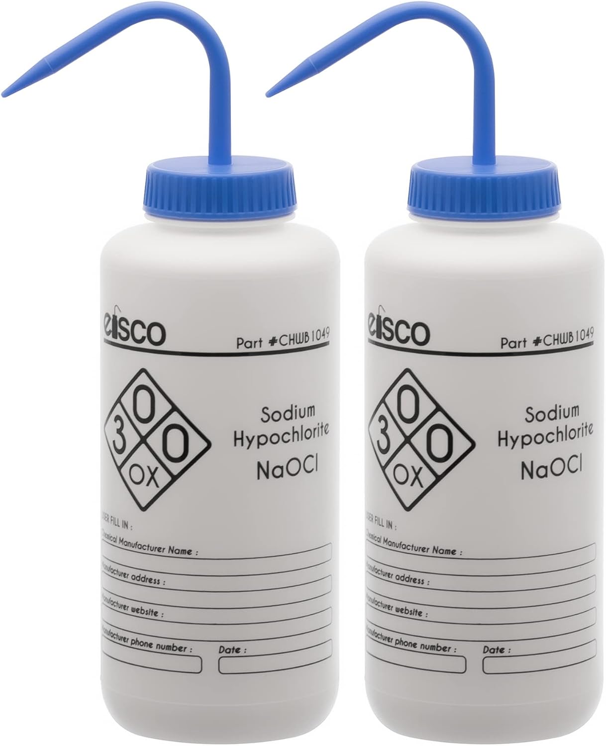EISCO 2PK Wash Bottle for Sodium Hypochlorite (Bleach), 1000mL - Labeled with Chemical Information & Safety Information (1 Color) - Wide Mouth, Self Venting, Low Density Polyethylene Labs