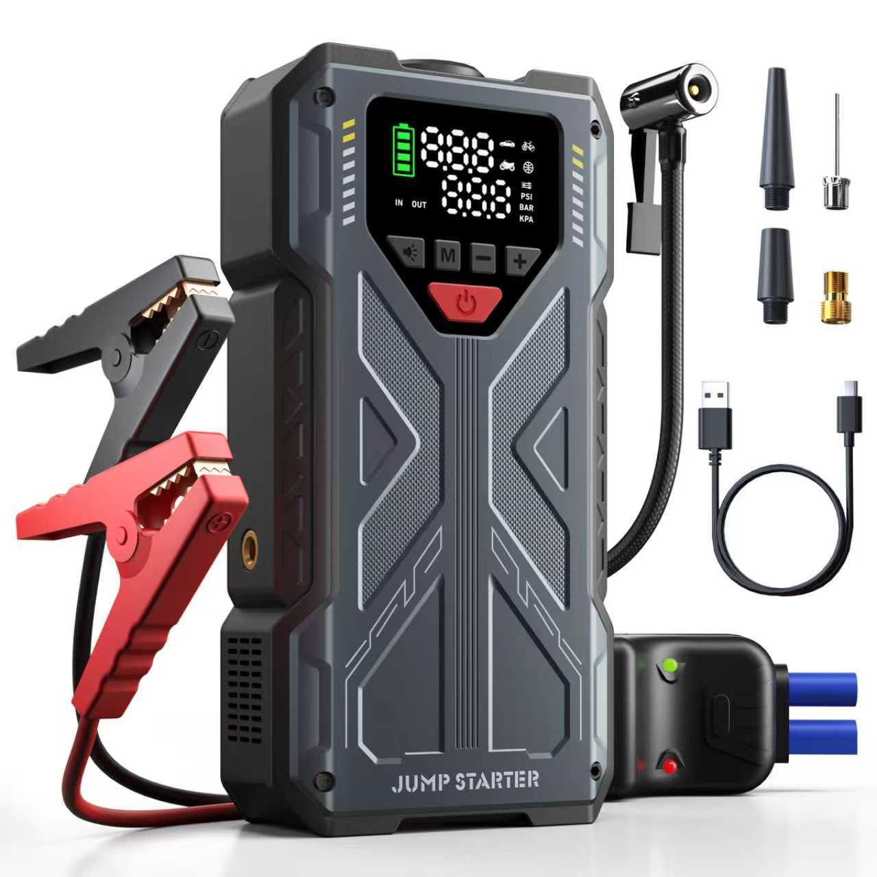 Upgrade Starthilfe Powerbank für PKW mit Kompressor 150PSI, 5000A Starter Powerbank Auto Starthilfe Powerbank, Jumpstarter 12V Batterie Booster (Alle Benzin/10L Diesel) mit Starterkabel, Digitale