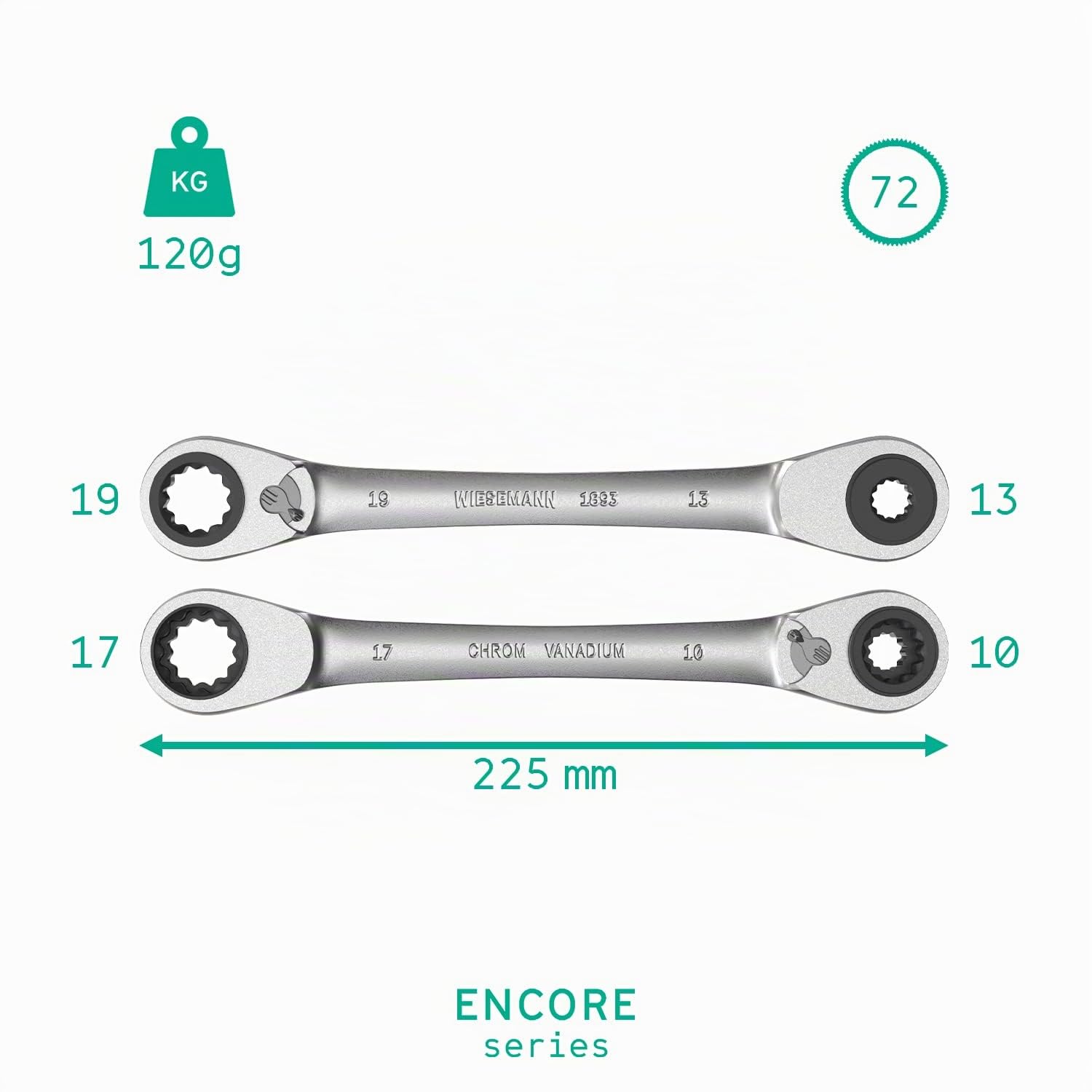 WIESEMANN 1893 Llave de carraca de doble anillo 4 en 1 con los tamaños 10, 13, 17, 19mm y 72 dientes de acero al cromado vanadium CV I Llave de tuerca doble I 81031