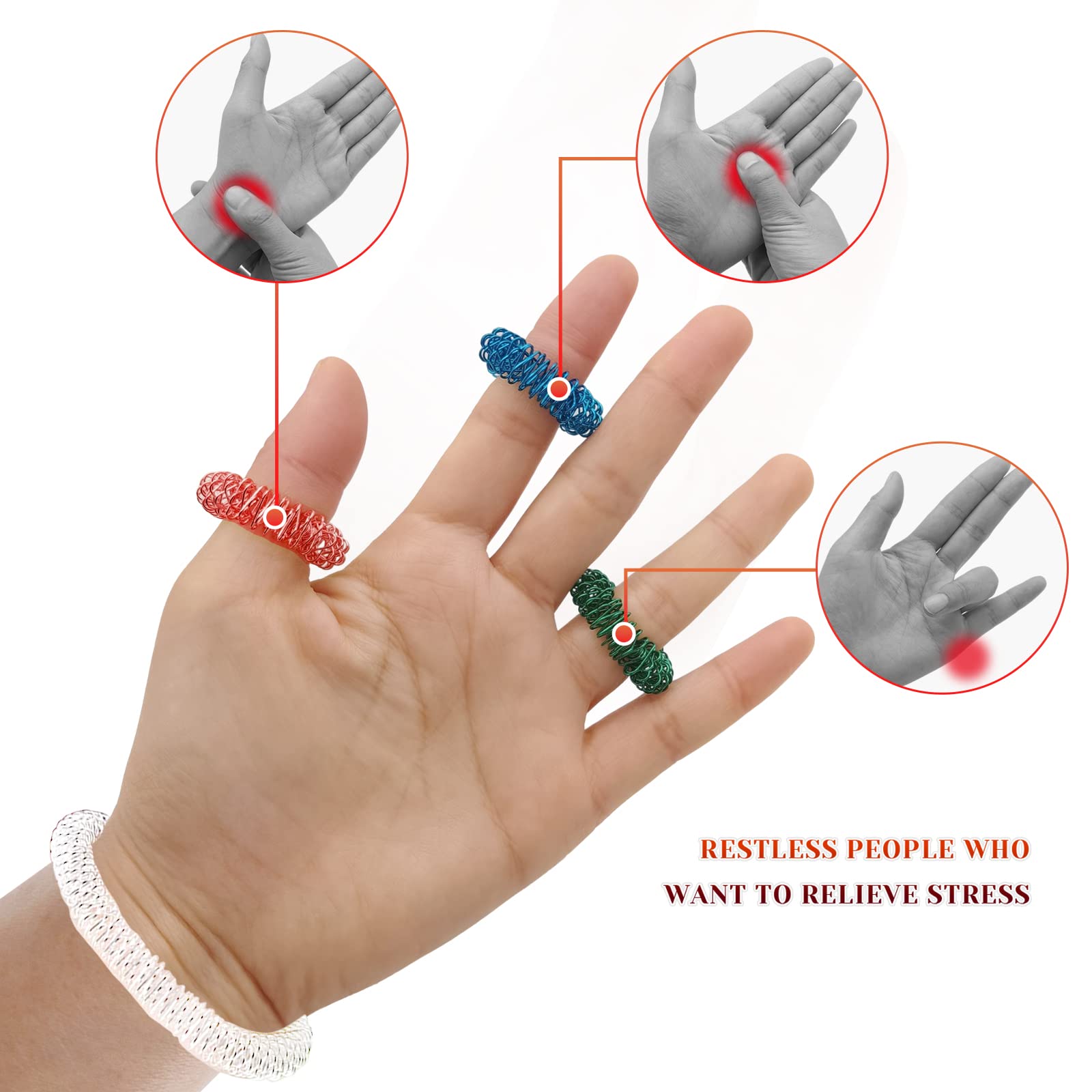 ASTER Set di 10 anelli per agopressione, 8 anelli sensoriali per dito, 2 braccialetti da massaggio da polso, anelli massaggianti per promuovere la circolazione sanguigna, sollievo dallo stress