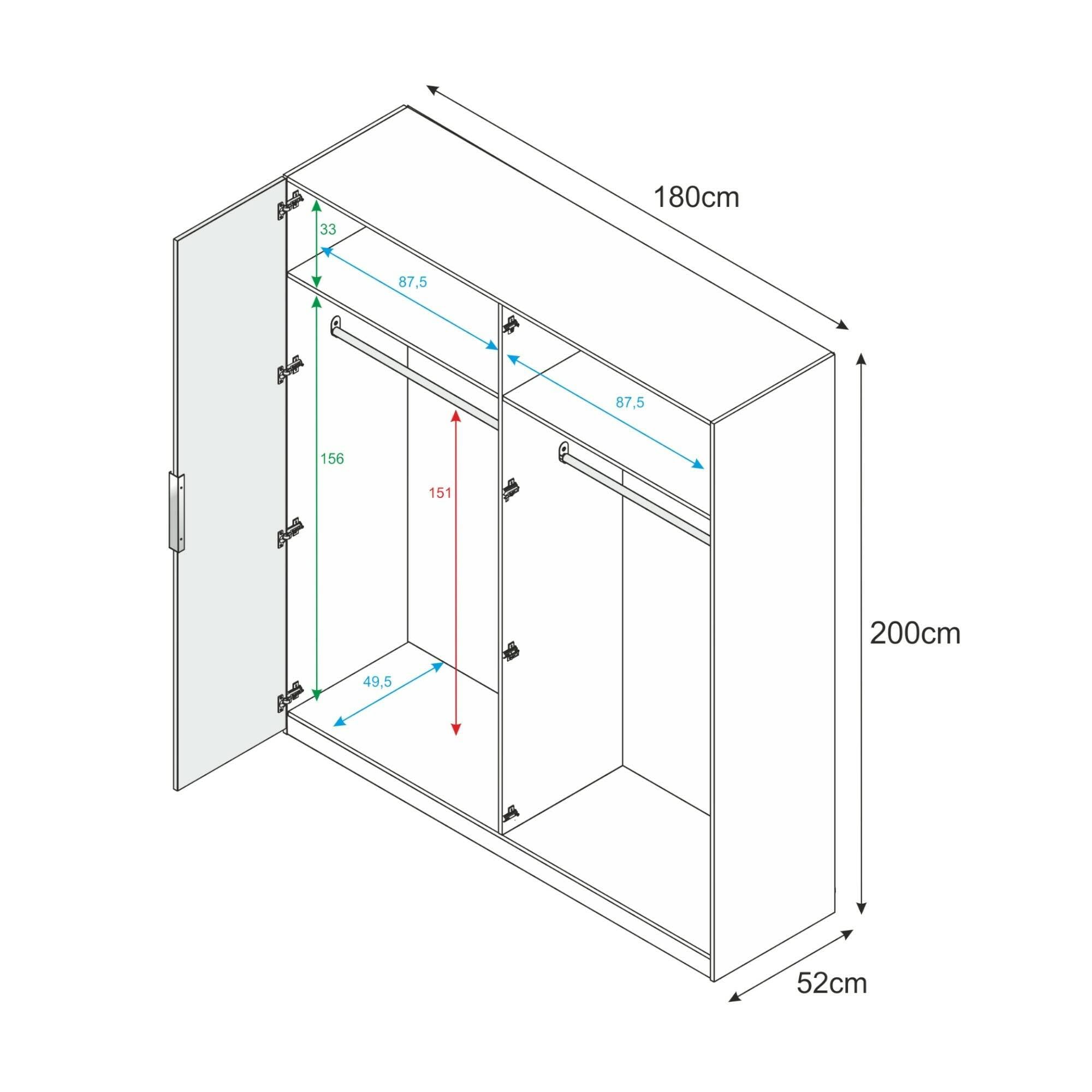 Guardaroba Grande Knoxville, Armadio per Camera da Letto a 4 Ante battenti, Mobile con 2 Ripiani e Barra Appendiabiti, 180x52h200 cm, Bianco