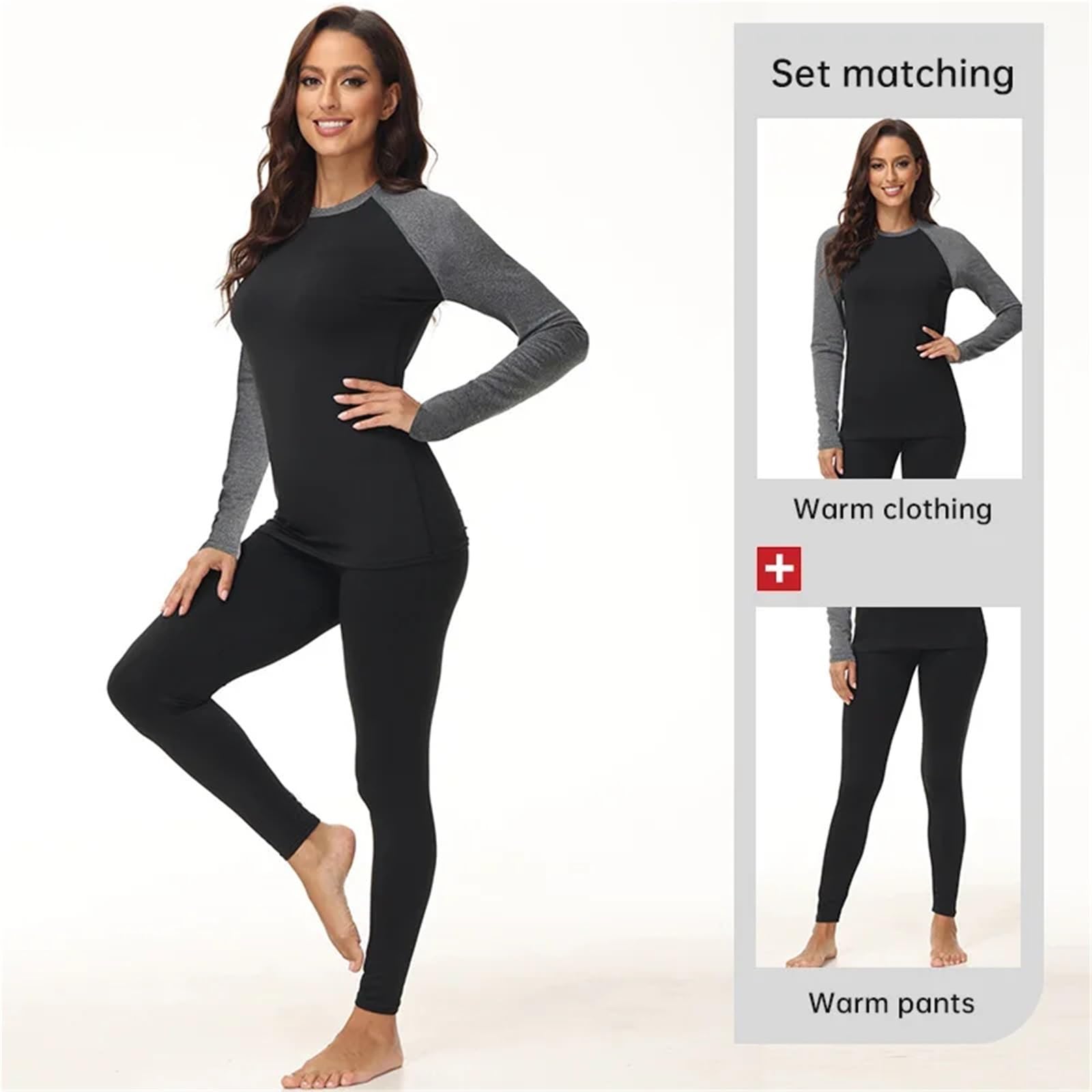 Ropa Interior térmica Cuello Redondo Manga rotadora Patchwork otoño e Invierno más Forro Polar Grueso cálido Conjunto de Ropa Larga for Mujer para Esquí,Moto