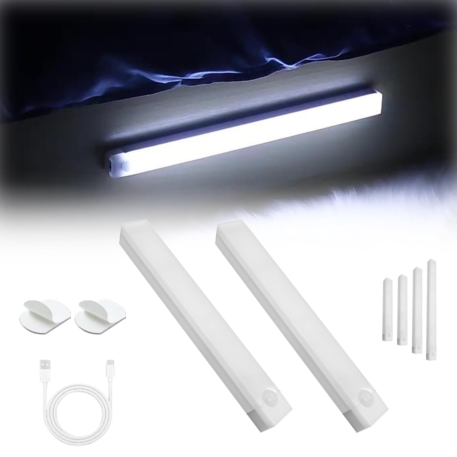 Punch-Free Smart Sensor Magnetic Rechargeable LED Lights, Motion Sensor Light Indoor, Human Body Intelligent Sensor Light, for Bedroom, Kitchen, Cabinets (2Pcs White, 30cm/11.81in)