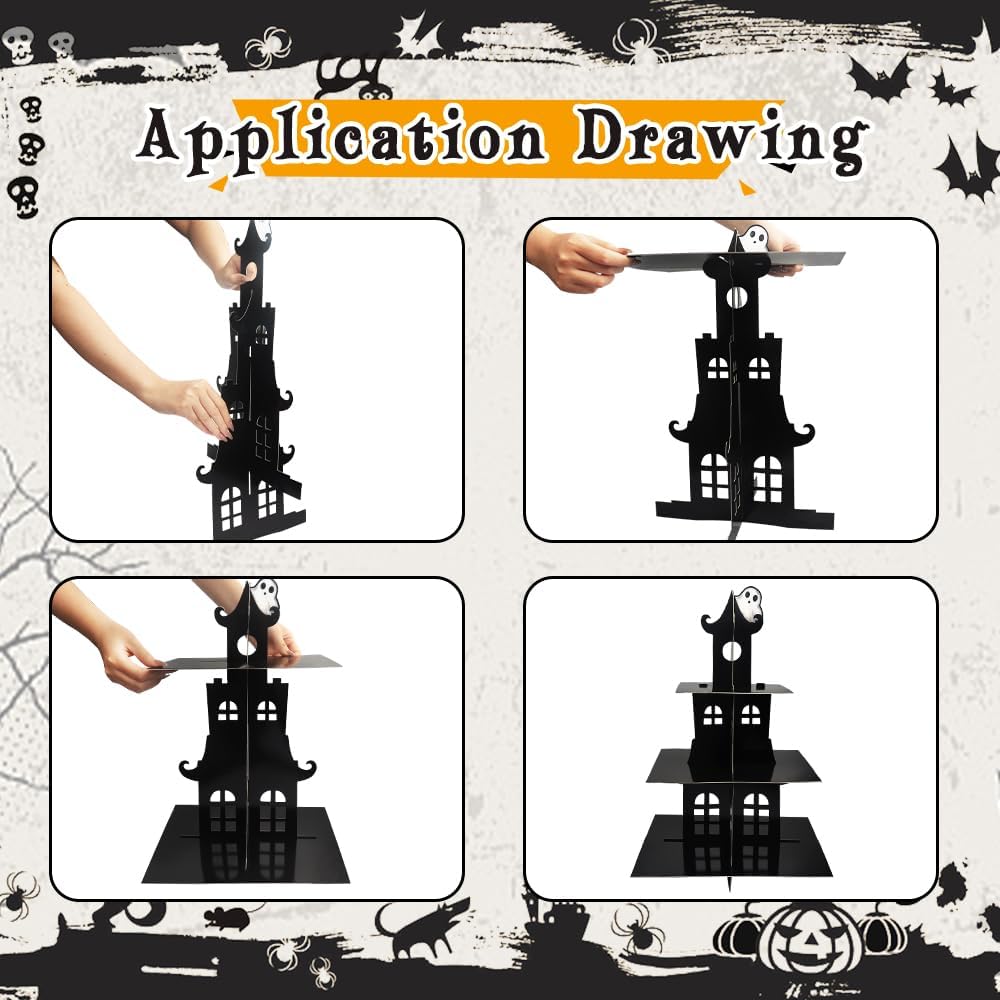 Halloween Cupcake Stand for Dessert Table Party, 3 Tire Black Castle Ghost Cupcake Tower for Home Party Birthday Supplies Ghost Castle Halloween Cardboard Cupcake Holder Display