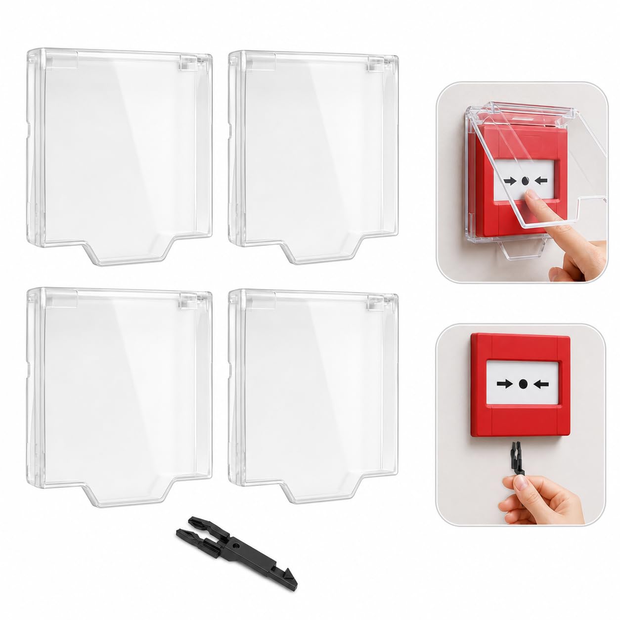 5 Pack Hinged Call Point Cover, Clear Plastic Manual Alarm Protective Covers with Fire Alarm Test Key Compatible with Eaton Menvier for Offices, Schools and Commercial Buildings
