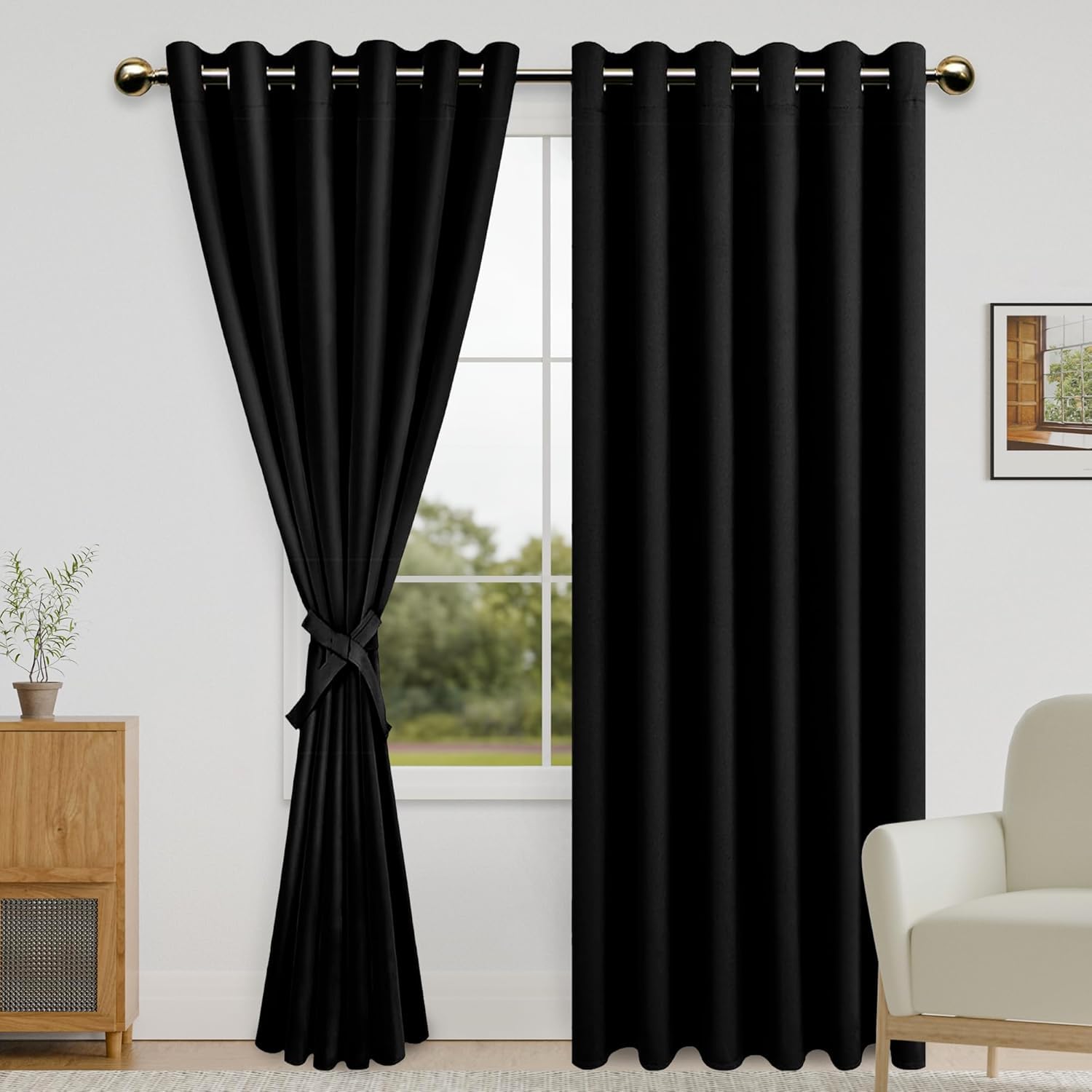 DWCN Black Blackout Curtains for Bedroom with Tiebacks - Thermal Insulated Light Blocking Grommet Window Curtains for Living Room 84 Inches Long Panels, 80 x 84 inch Length, Set of 2 Panels — image 1
