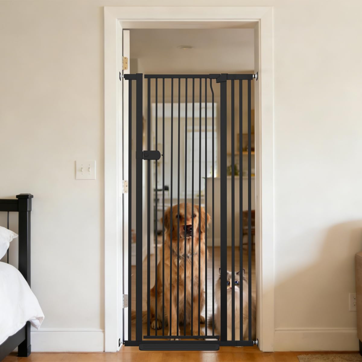 Lumizone Extra Tall Cat Gate 61.02" High Pressure Mounted Extra Wide 2025 New (17 Sizes) 1.37" Gap No Drilling Auto-Close One-Handed Operation Tall Pet Gate for Dogs(Black, 61.02" H x 34.25"-38.38" W)
