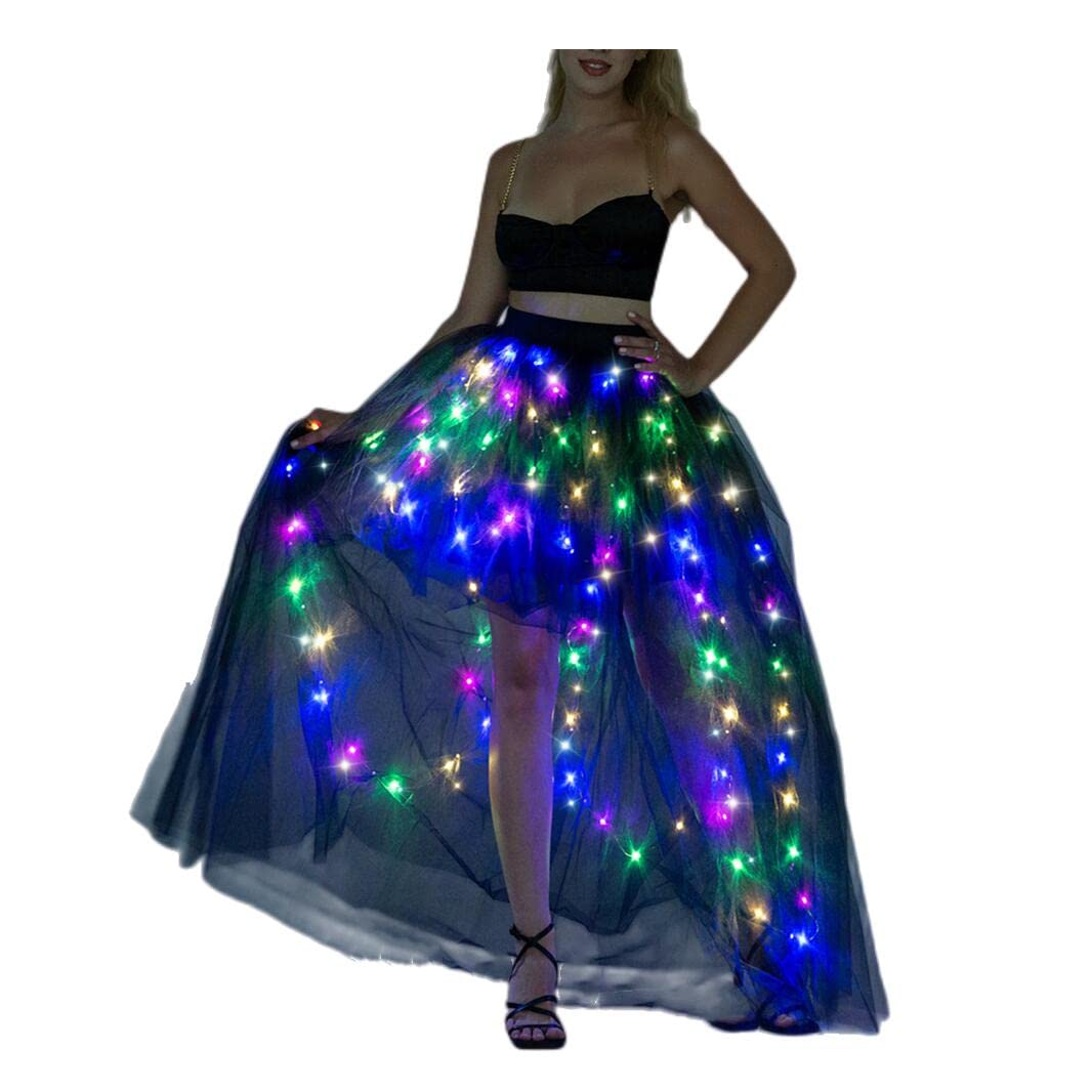 QooGooWomen Tulle Tutu Skirts,LED Light Up Long High Low Ruffles