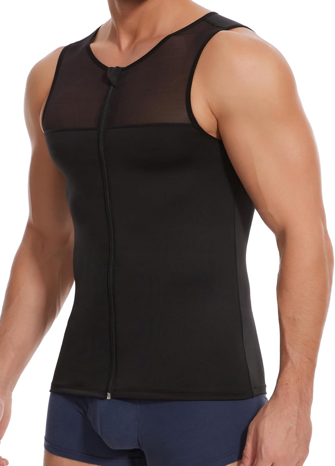 Mens Compression Shirt Gynecomastia Tummy Control Vest Shapewear with Zipper Slimming Tank Top for Gym